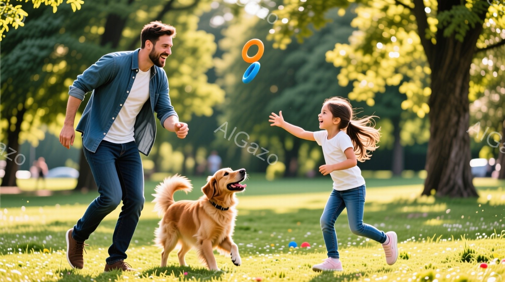 青々とした芝生の上を、笑顔の男性と幼い女の子が楽しそうに走っている。男性はデニムシャツにジーンズ姿で、女の子は明るい色のズボンとシャツを着ており、犬も一緒に走り、フリスビーを追いかけている。背景には緑豊かな木々が立ち並び、晴れた日の温かい雰囲気が感じられる。