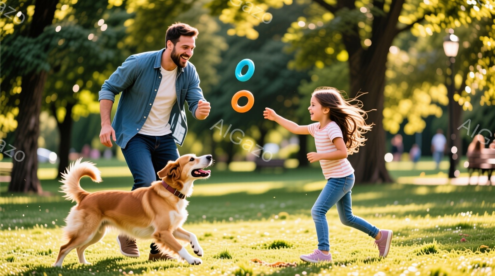 金髪の幼い女の子と、髭を生やした男性が、芝生の公園で犬と一緒に遊んでいます。女の子はピンク色のスニーカーとジーンズを着て走り、男性はデニムシャツを着て、空中に青いフリスビーを投げています。背景には緑豊 - AI生成フリー素材