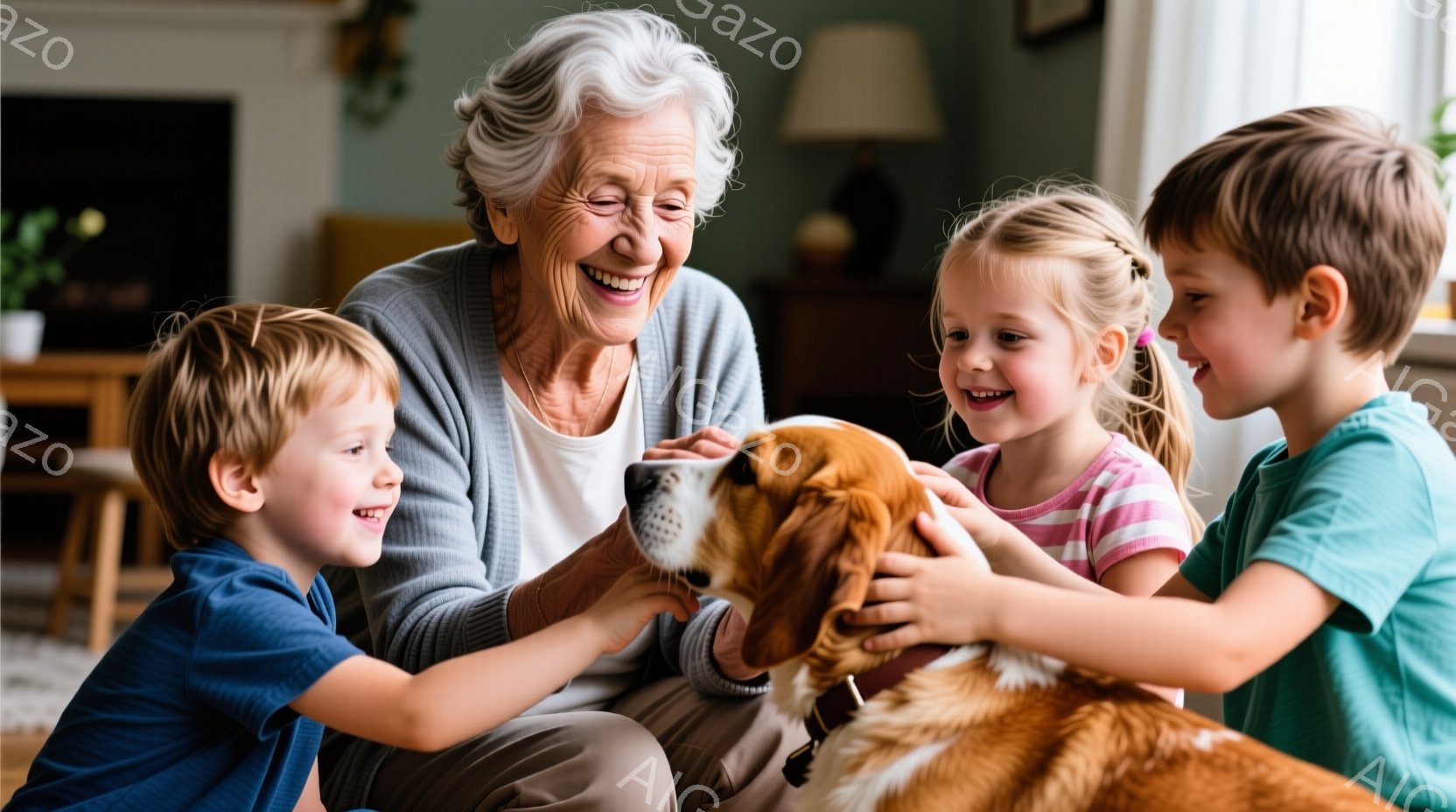 白髪の祖母が、2人の子どもと茶色の犬に囲まれて笑顔で座っています。子どもたちは明るい色のTシャツを着ており、犬の頭や顔を優しく撫でています。背景には、穏やかな光が差し込むリビングルームがあり、暖かく幸 - AI生成フリー素材
