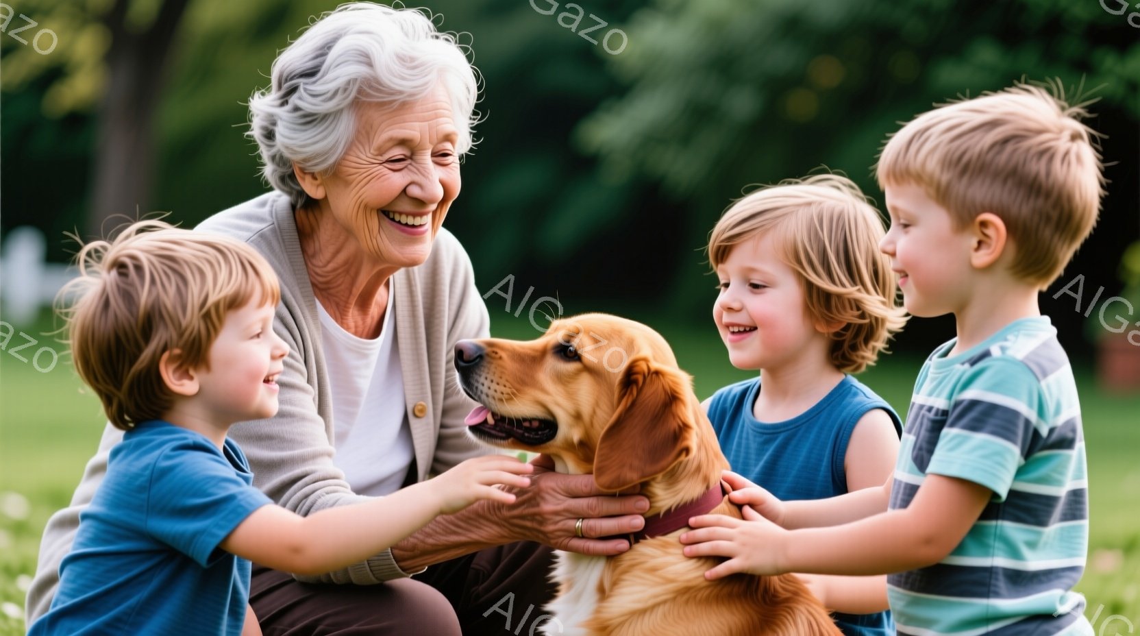 庭で、白髪の祖母が、３人の若い子供たちと大きなゴールデンレトリバー犬と囲んでいます。子供たちは皆、明るい色のTシャツを着ており、犬の顔を撫でようと手を伸ばしています。背景には緑豊かな木々が見え、晴れた天気で暖かく、幸せな家族の瞬間を捉えた写真です。