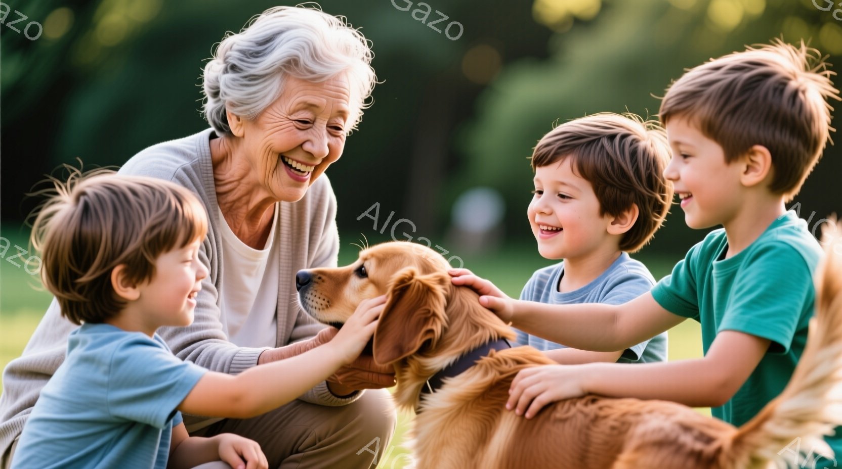 白髪の祖母が、緑色の芝生の上で、2人の若い男の子と犬に囲まれて笑顔を浮かべている。男の子たちは青いTシャツを着ており、犬の頭を優しく撫でている。背景には緑豊かな木々が見え、晴れた日の温かい雰囲気が伝わ - AI生成フリー素材