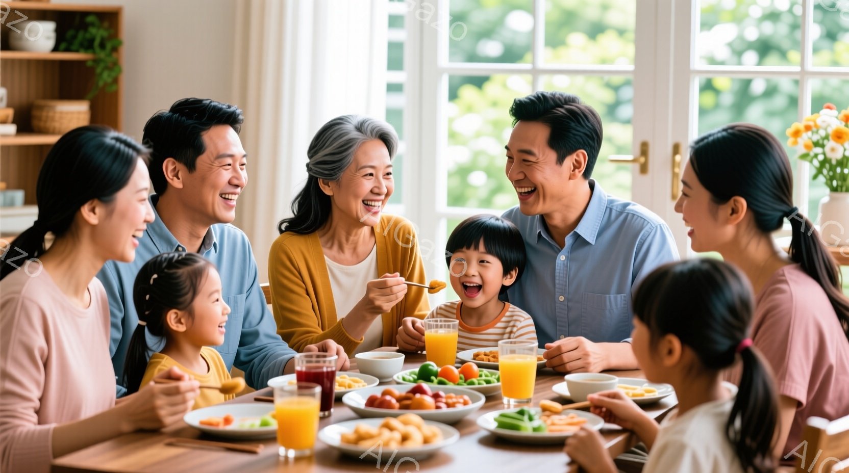 暖かな光が差し込むダイニングテーブルを囲み、三世代と思われる家族が食事を楽しんでいます。子供たちは笑顔で、女性は長い髪を後ろに垂らし、男性はカジュアルなシャツを着ています。背景には木製の棚や花が飾られ - AI生成フリー素材