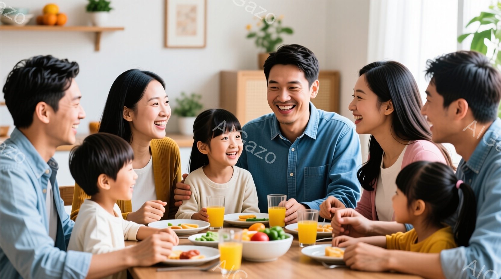 家族が食卓を囲み、笑顔で朝食をとっています。子供たちはカジュアルな服装で、大人はシャツを着ており、皆リラックスした雰囲気です。背景には木製のキャビネットや植物が見え、明るく温かい家庭的な空間が演出され - AI生成フリー素材