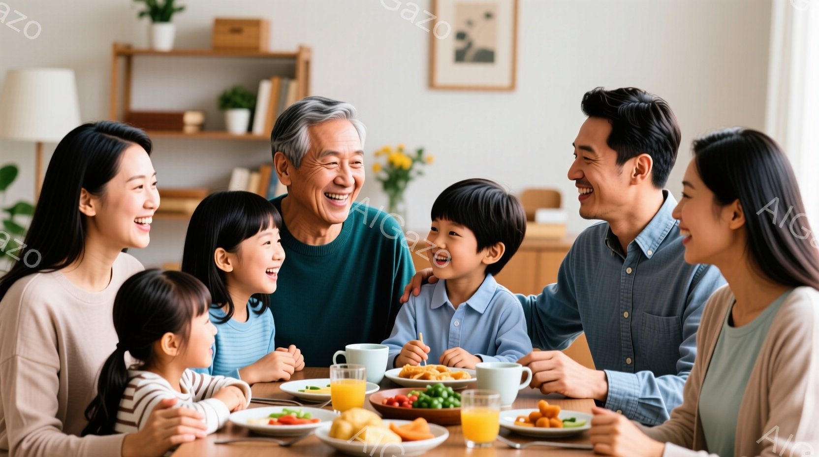暖かい雰囲気の中で、家族が食卓を囲んでいる写真です。祖父、母、そして二人の子供たちは皆笑顔で、楽しそうに朝食をとっています。背景には白い棚があり、植物が飾られ、明るく清潔なリビングルームの様子が伺えます。