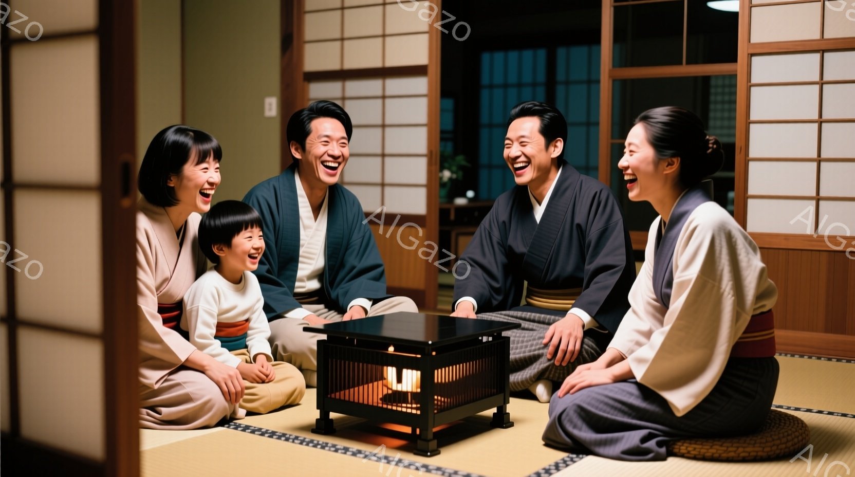 畳の上に座って、微笑ましい家族の様子が描かれています。母親と娘はクリーム色の着物を着ており、父親と息子は濃い青色の着物を着ています。皆、炬燵を囲み、楽しそうに笑っており、温かく幸せな雰囲気が伝わってき - AI生成フリー素材
