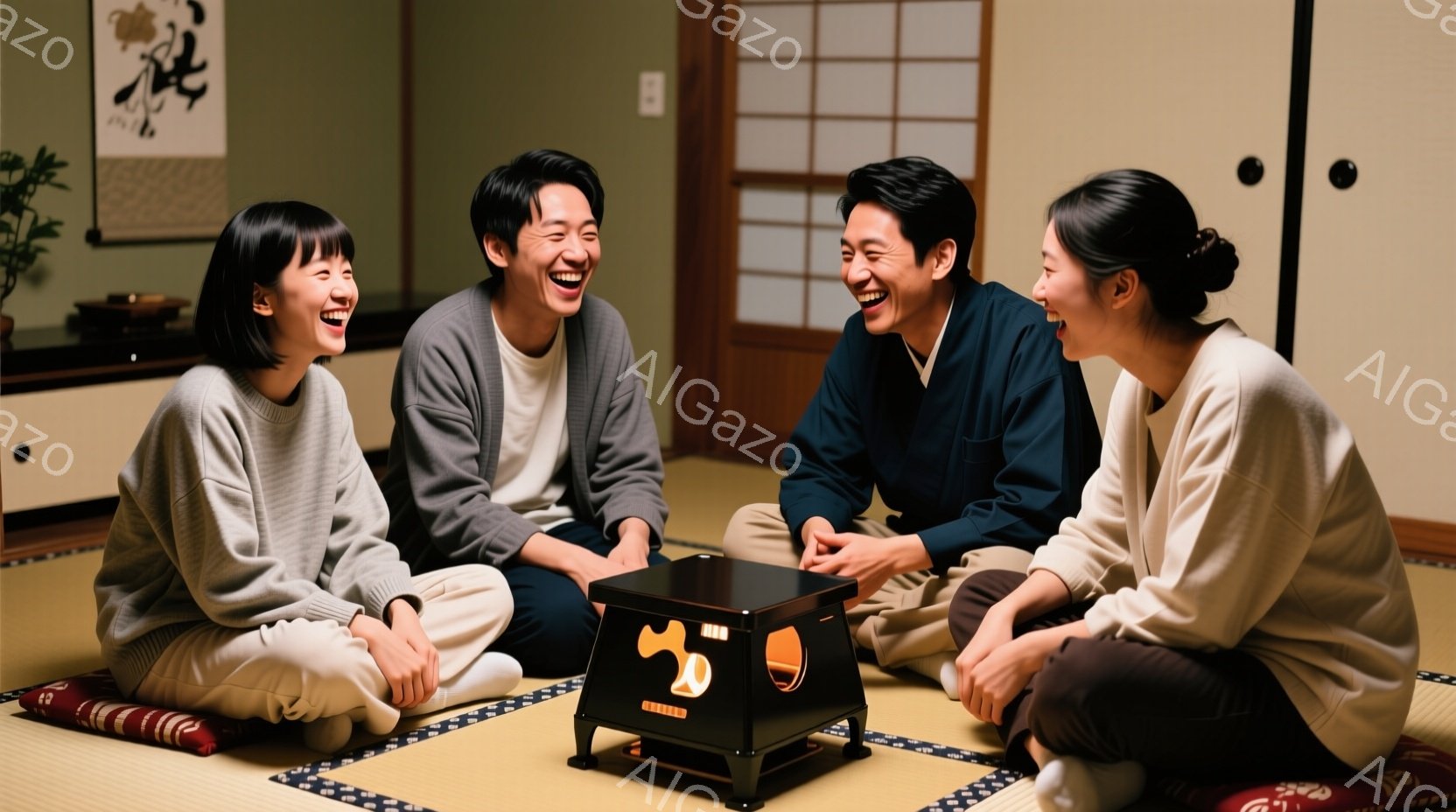 四人が畳の上に座り、暖炉のような小さな暖房器具を囲んで笑っています。女性はセーターを着て髪を後ろで束ねており、男性はセーターや羽織袴を着ています。背景には掛け軸と植物が飾られたシンプルな和室が見え、暖 - AI生成フリー素材