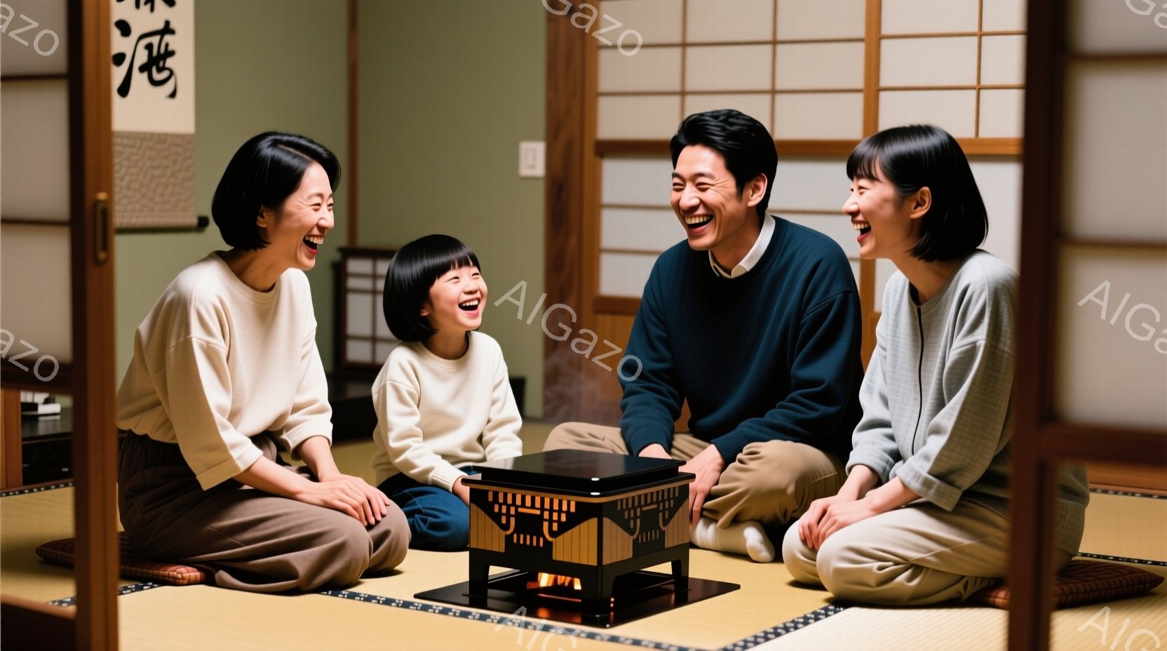 日本の家庭の場景を表しています。中央に座っている、成人男女が構成された四人の家族です。女性は和服を着ており、胸針を通しています。男性は紳士的なポーズをとっており、子供もそれに応じて笑顔で構えられていま - AI生成フリー素材