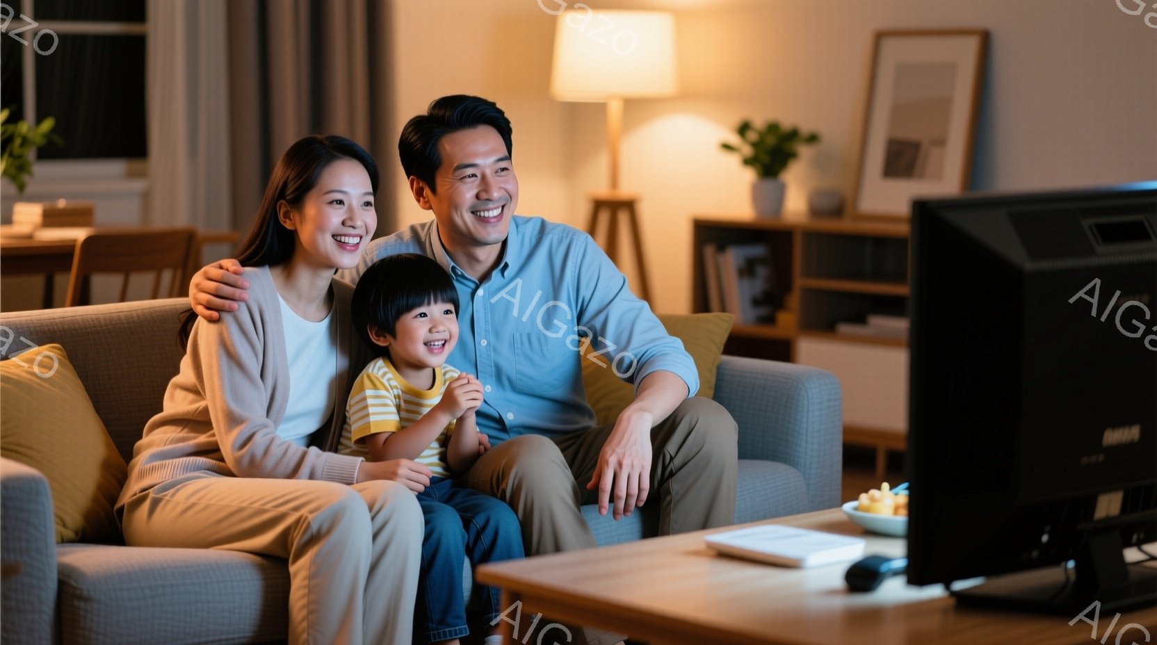 笑顔の家族がソファに座ってテレビを見ています。母親はベージュのセーターを着ており、父親は薄いオレンジ色のシャツとベージュのズボンを着ています。小さな子供は黄色いシャツを着て、両親の間に座って笑顔で画面 - AI生成フリー素材