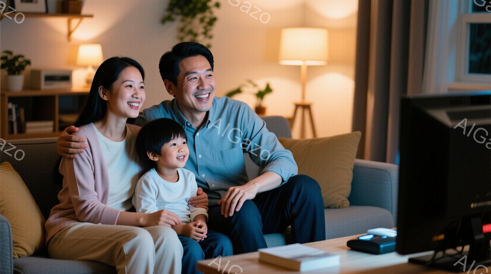 暖炉の前で、笑顔の家族がソファに座っています。母親は長い髪で、優しいピンク色のセーターを着ています。父親と子供はどちらも明るい笑顔を浮かべ、リラックスした雰囲気です。 - AI生成フリー素材