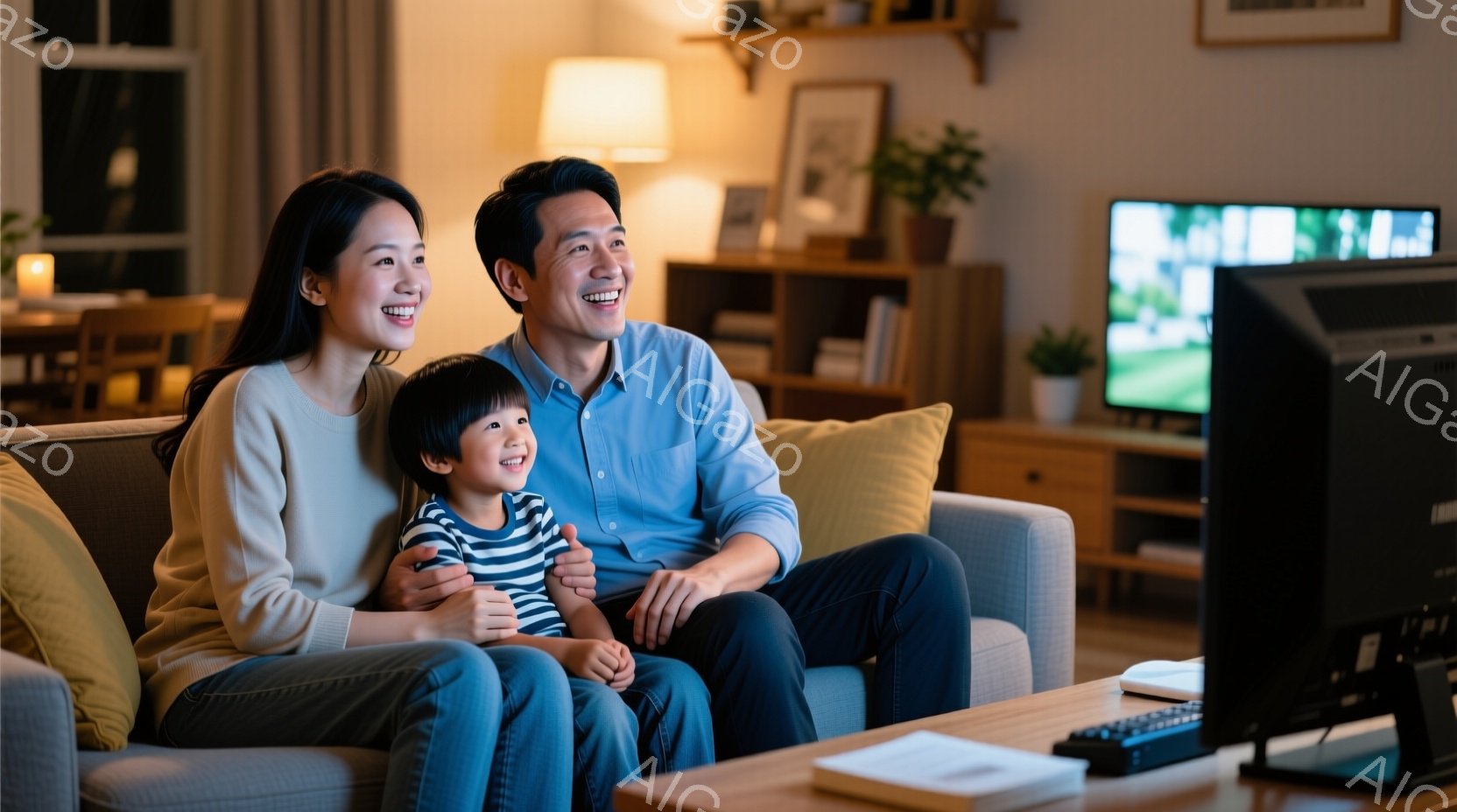笑顔の家族がソファに座ってテレビを見ている様子が写っている。母親はジーンズと白いシャツを着ており、父親は青いシャツを着ている。幼い息子はボーダーのシャツを着ており、両親に抱かれながら楽しそうに画面を見ている。