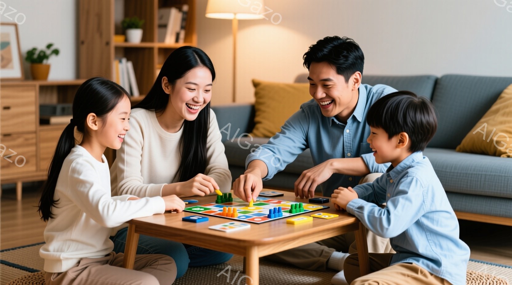 室内で、笑顔の家族がボードゲームを楽しんでいる様子が描かれています。母親は白いセーターを着て、娘とボードゲームに集中し、父親は青いシャツを着て息子とゲームを進めています。背景にはグレーのソファや木製の - AI生成フリー素材
