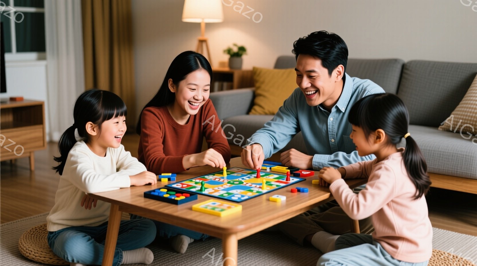 家族四人が床に座ってボードゲームを楽しんでいる様子が写っている。母親は赤茶色のセーターを着て笑顔でゲームを見守り、父親は青いシャツを着てゲームの駒を動かしている。二人の娘はそれぞれクリーム色のセーターを着ており、楽しそうにゲームに参加している。