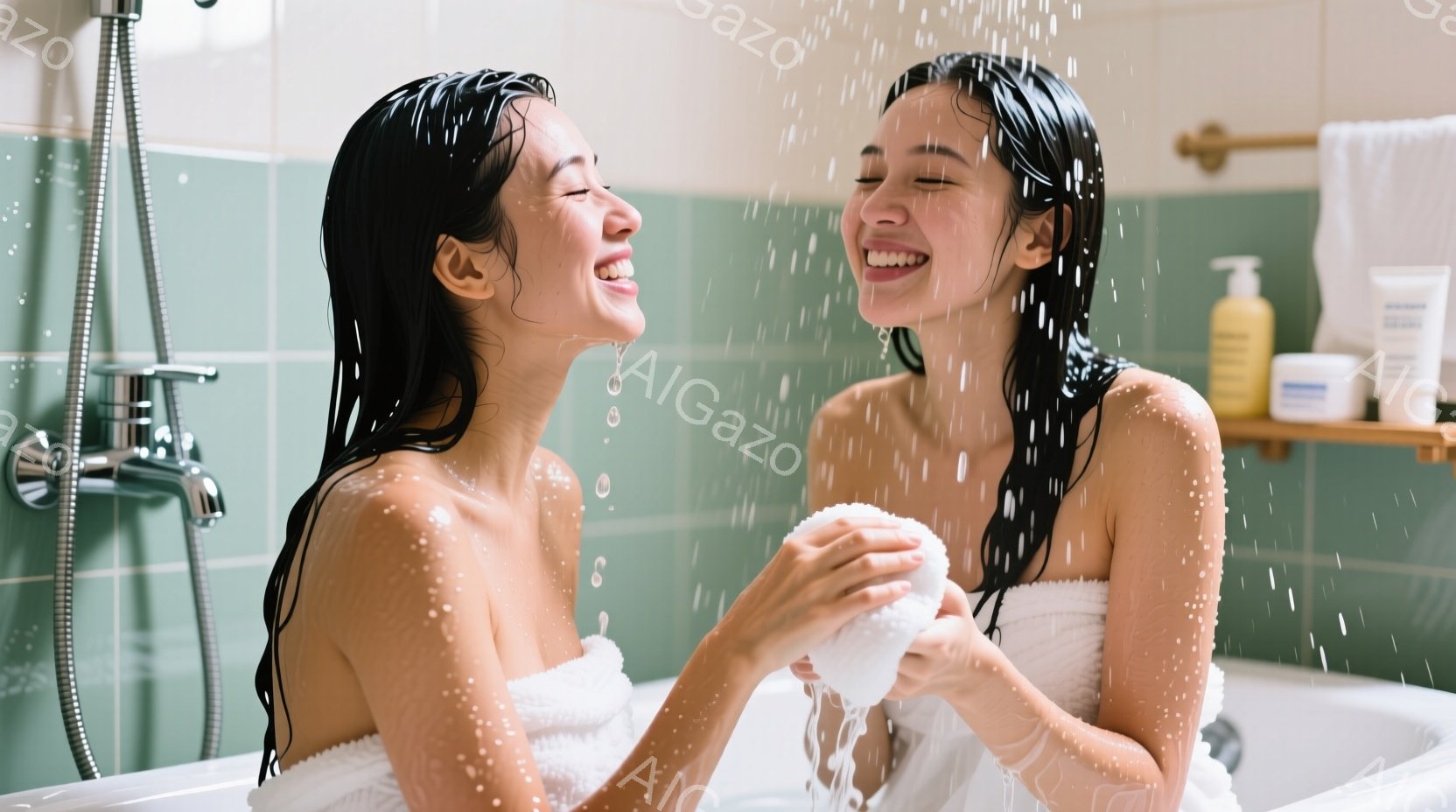 浴槽に浸かり、泡を手に持った二人の女性が写っています。彼女たちは髪を濡らし、目を閉じ、楽しそうに微笑んでいます。背景は緑色のタイル張りの壁で、シャワーヘッドや洗面用具が見え、リラックスした家庭的な雰囲気が漂っています。