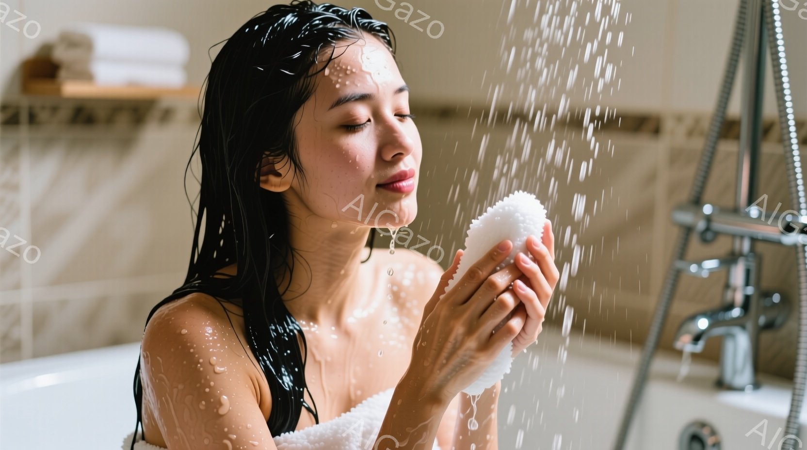 長い黒髪を濡らし、白いスポンジを手に持った女性が描かれています。彼女は目を閉じ、リラックスした表情でシャワーを浴びています。背景にはバスタブと蛇口が見え、明るいバスルームの様子が伺えます。