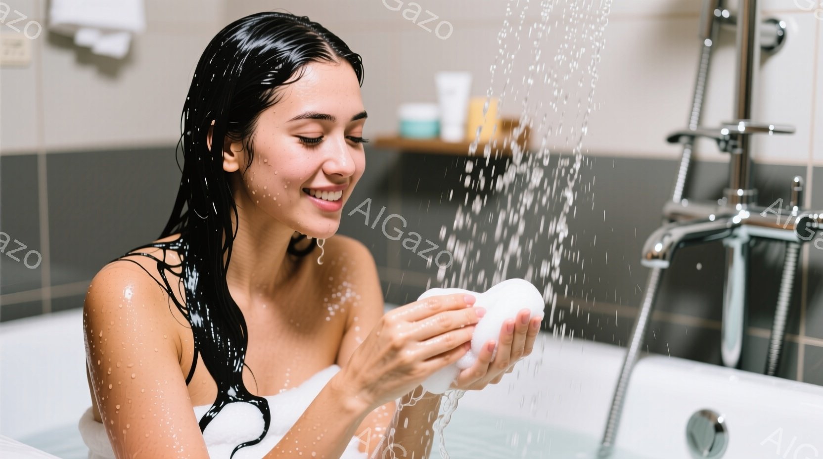 女性は浴室で泡立った石鹸を手に持っており、濡れた髪と笑顔が印象的です。浴槽に浸かり、リラックスした姿勢で水が降り注いでいます。背景には浴室の壁と蛇口が見え、清潔感があり穏やかな雰囲気が漂っています。
