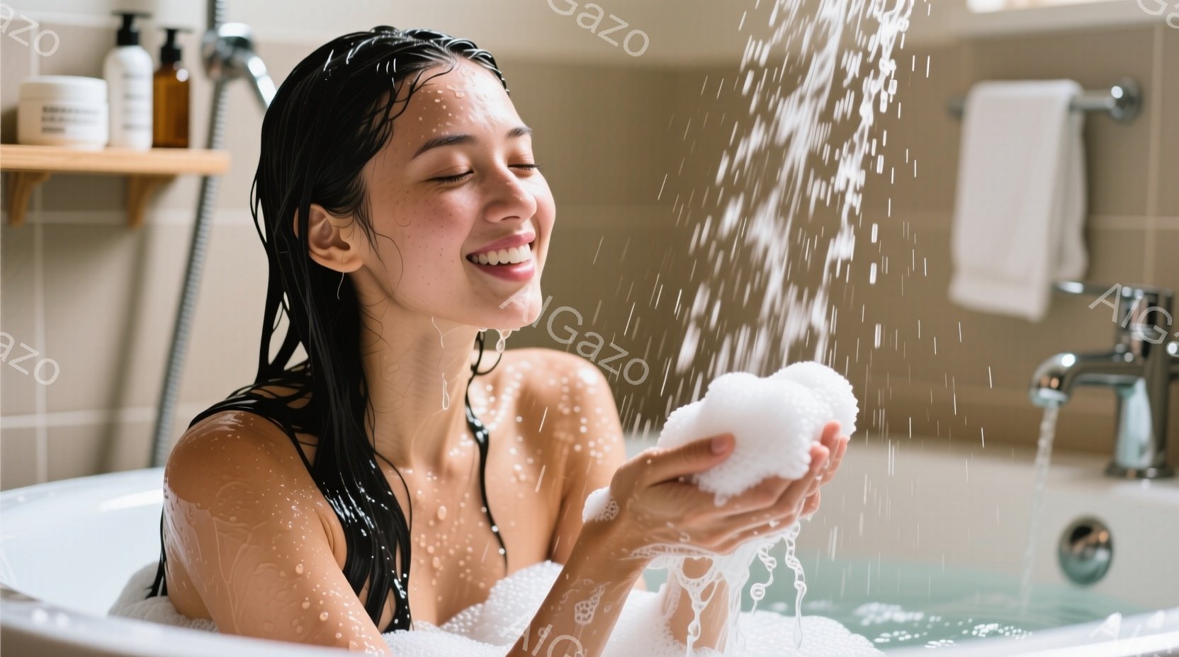 長い黒髪を濡らし、泡でいっぱいのバスタブに浸かる女性が写っている。彼女は目を閉じ、笑顔で泡を手に持っている。背景には浴室の壁と蛇口が見え、リラックスした穏やかな雰囲気が漂っている。