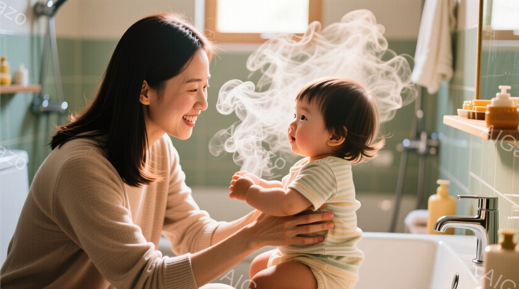 薄緑色の壁を背景に、母親が赤ちゃんを抱きかかえ、見つめ合っています。母親はベージュのニットを着ており、髪は後ろでまとめています。赤ちゃんは薄い緑色のロンパースを着ており、母親の顔を見上げて笑顔を浮かべ - AI生成フリー素材