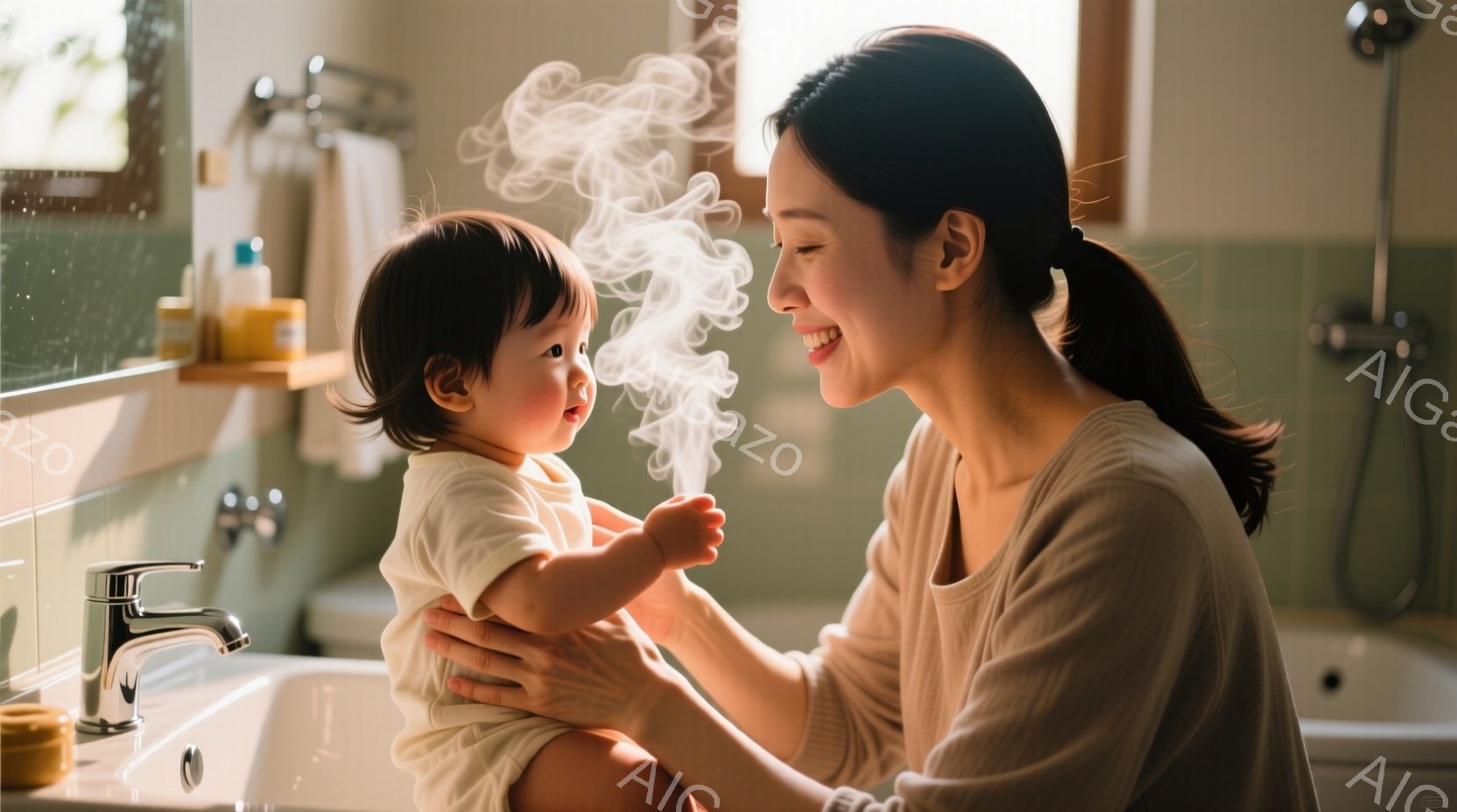 明るい浴室で、母親が幼い子供を抱きかかえ、楽しそうに顔を見つめ合っています。母親は茶色の髪を後ろで束ね、ベージュ色のトップスを着て微笑んでいます。子供は白い服を着ており、母親から吹きかけられた温かい息 - AI生成フリー素材