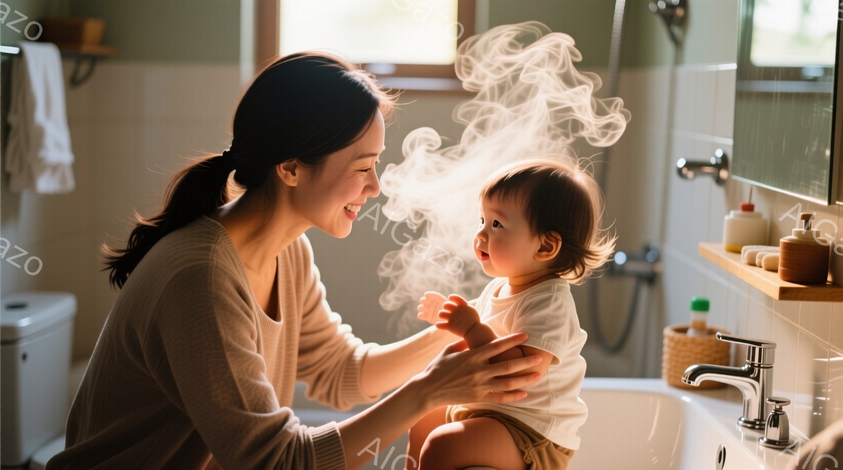 母親が浴室で幼い子供を抱きかかえ、笑顔で見つめ合っています。母親はベージュ色のセーターを着ており、髪を後ろでまとめています。背景には洗面台、蛇口、鏡があり、浴室の穏やかで温かい雰囲気が伝わってきます。