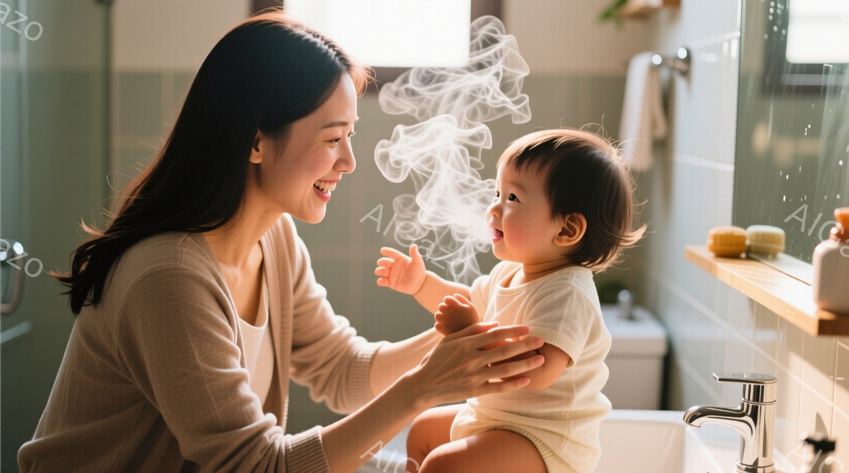 長い髪を軽く巻いた女性が、白いセーターを着て微笑んでいます。彼女は小さな子供を抱いており、子供は白い肌着を着て、母親を見上げて楽しそうに笑っています。背景には洗面台と鏡があり、蒸気が立ち上っていることから、お風呂上がりや洗面中の様子が伺えます。