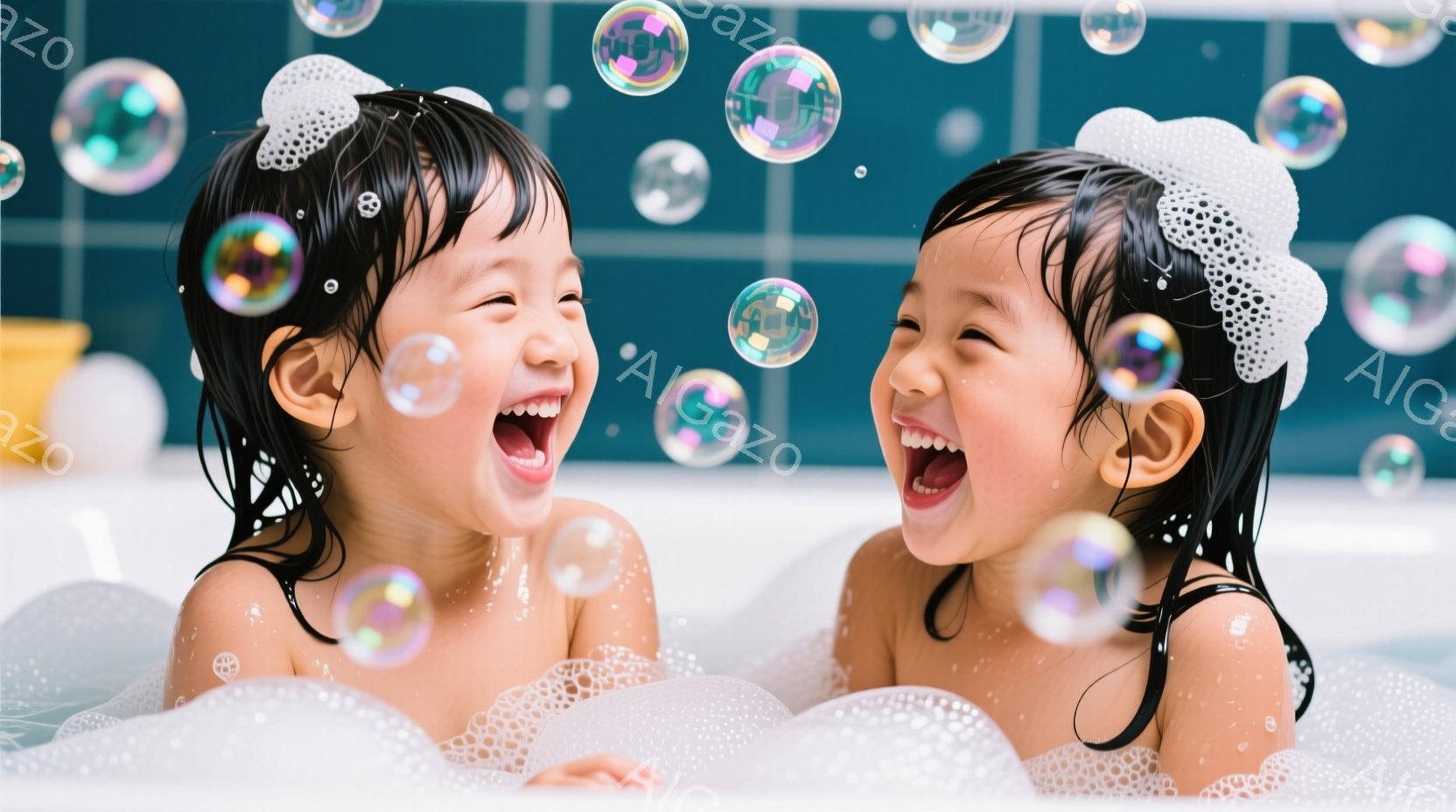 二人の幼い女の子が泡風呂の中で楽しそうに笑っています。彼女たちは黒髪で、頭には泡の帽子をかぶり、顔は喜びで輝いています。背景は明るい水色の壁で、周囲には虹色に輝くシャボン玉が舞い、全体的に明るく楽しい雰囲気が漂っています。
