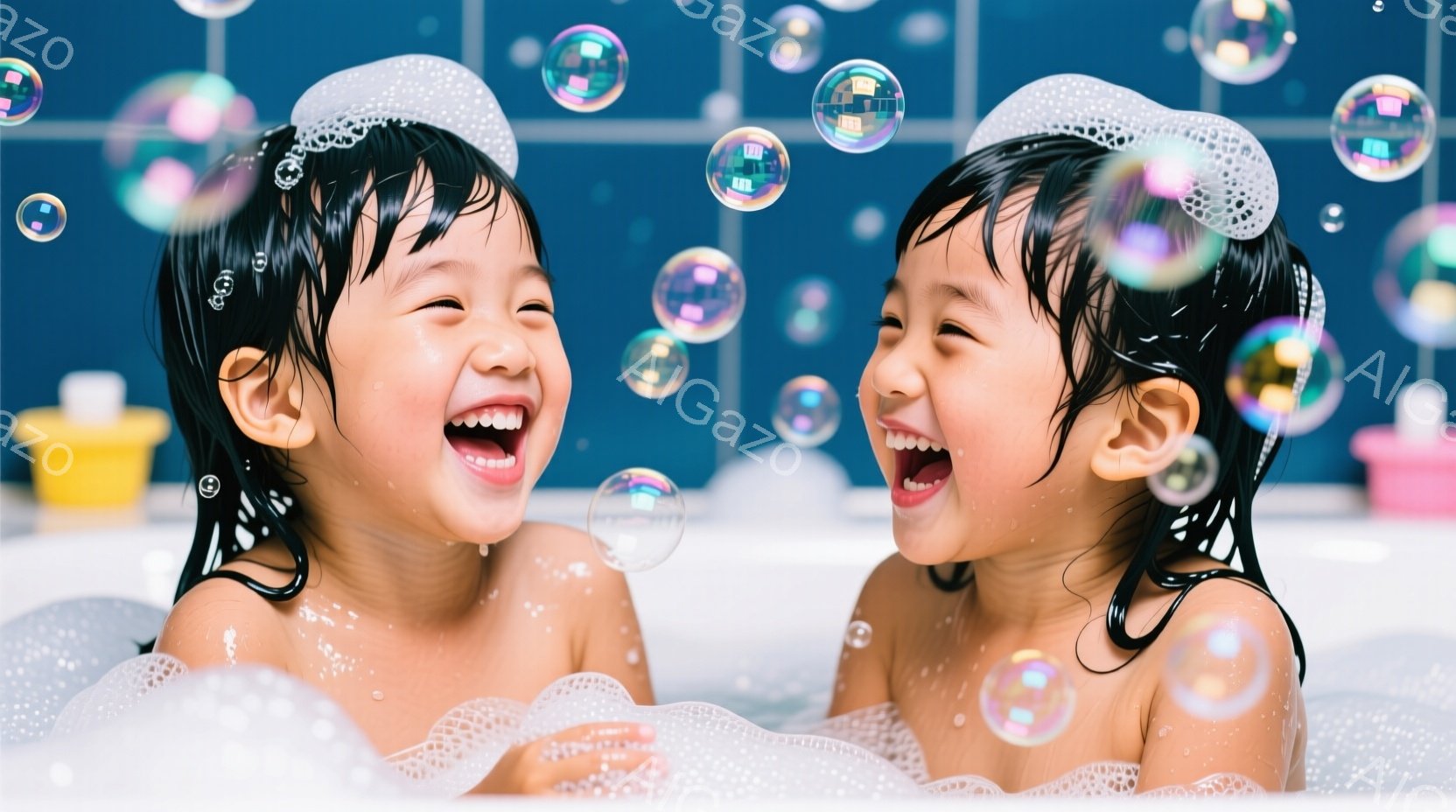 泡風呂の中で、二人の幼い女の子が楽しそうに笑っています。黒髪は濡れて額にかかり、顔には喜びと興奮が溢れています。背景は水色のタイルで、おもちゃが散らばっており、全体的に明るく幸せな雰囲気が漂っています。