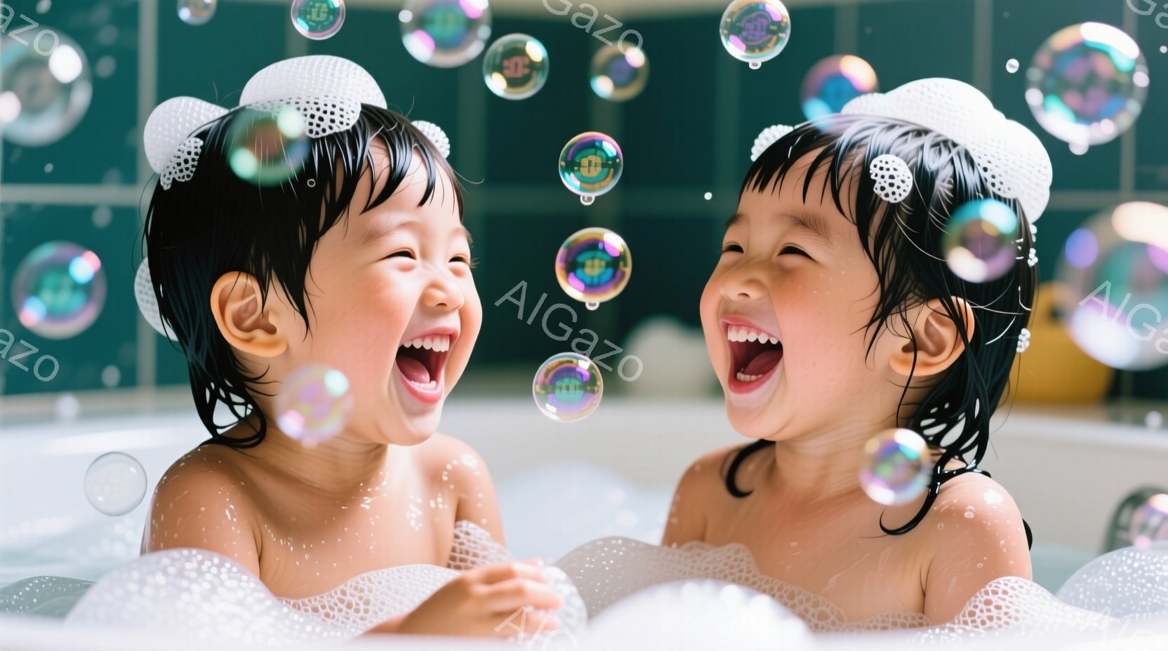 二人の幼い子供が泡風呂の中で笑っています。黒髪で、頭には泡の帽子をかぶっており、満面の笑みを浮かべています。背景はぼやけていますが、水と泡が漂い、明るく楽しい雰囲気が漂っています。