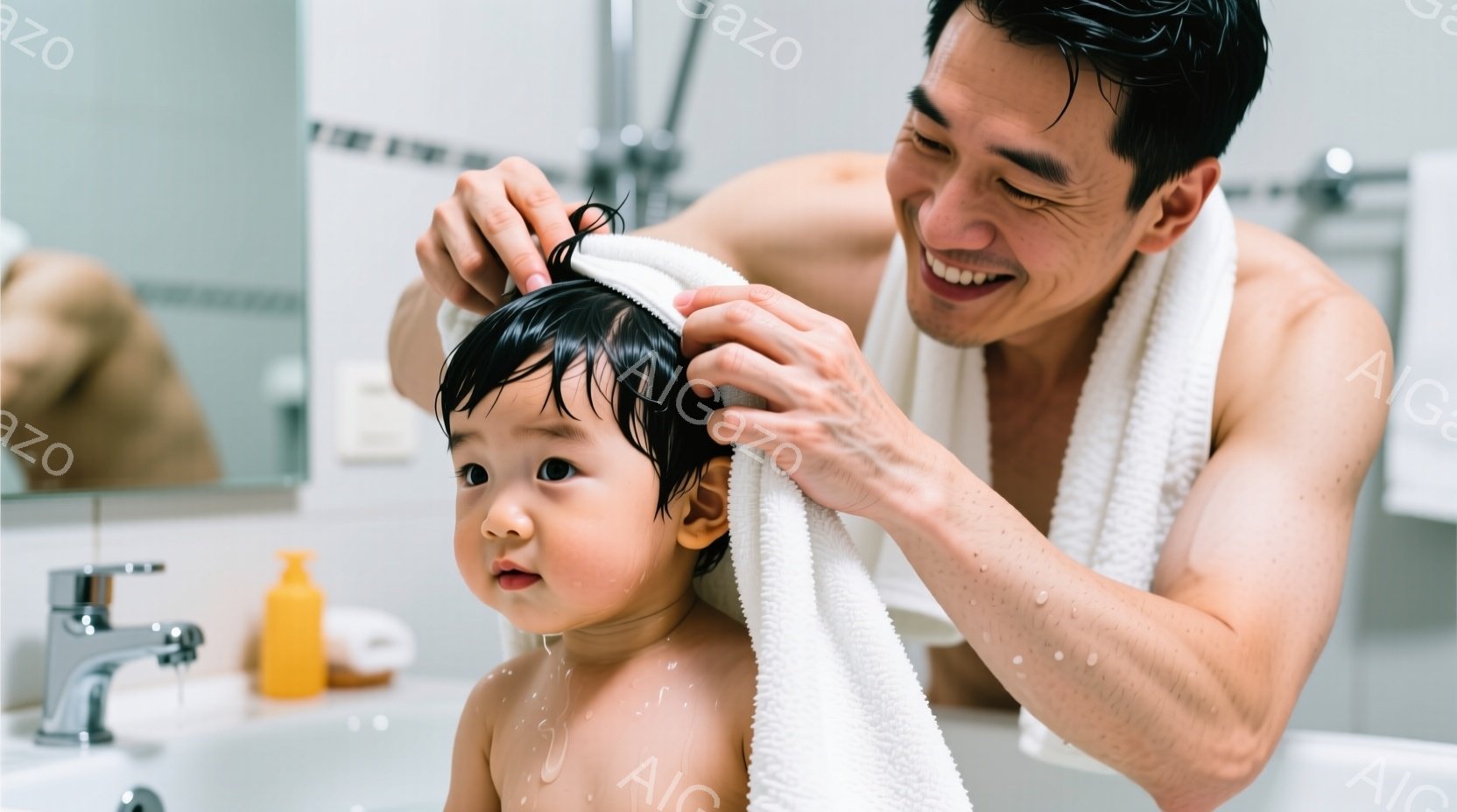 浴槽の中で、父親が濡れたタオルで幼い息子の髪を拭いています。父親は笑顔で、息子は少し驚いた表情をしています。背景には白い洗面台とシャワー、オレンジ色のボトルが見え、温かく、愛情に満ちた家庭的な雰囲気が漂っています。