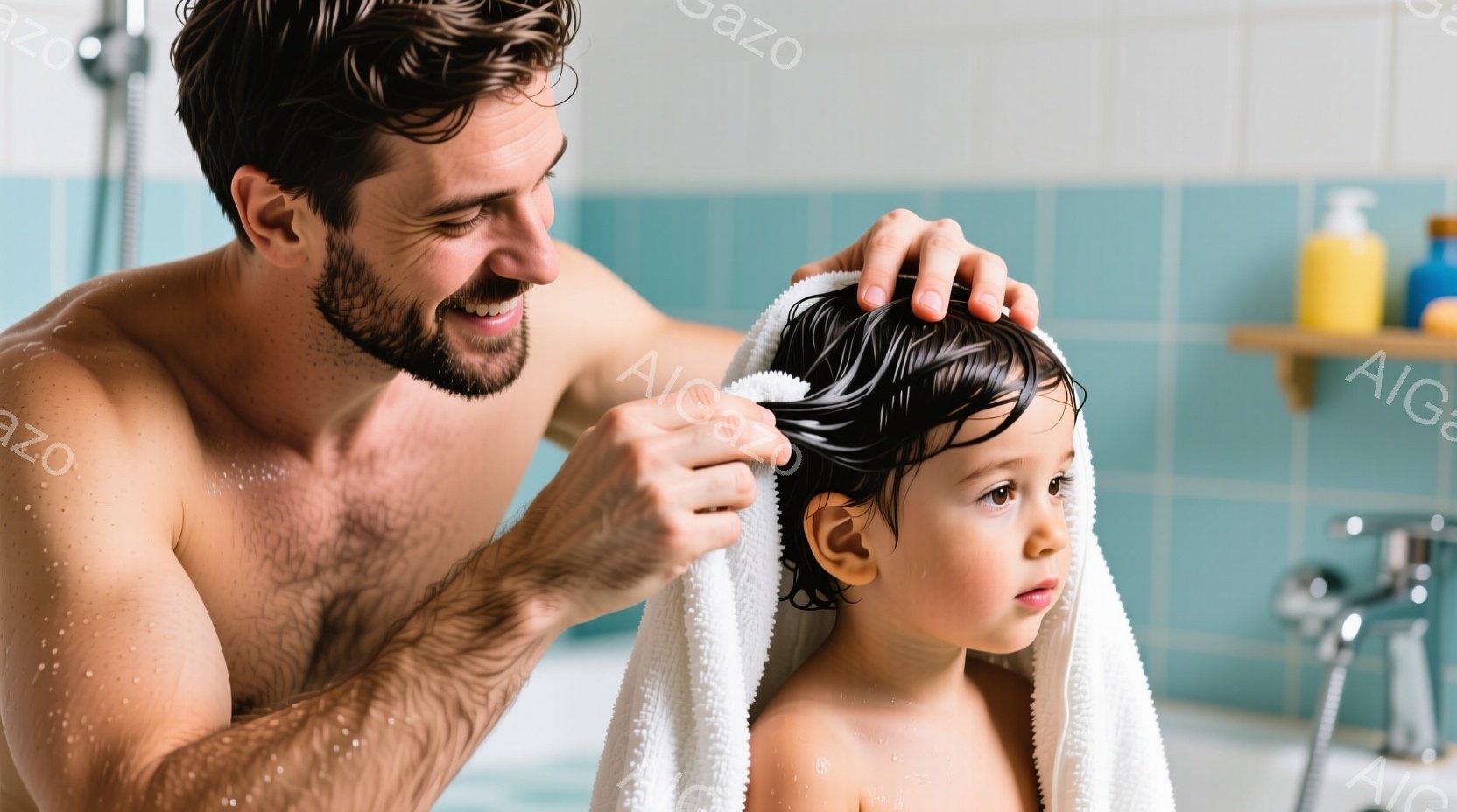 父親が息子にタオルで髪を拭いてあげています。父親は無毛で笑顔で、息子は濡れた髪で少し困ったような表情をしています。背景は浴室で、浴槽や蛇口が見え、全体的に温かく愛情に満ちた雰囲気が漂っています。