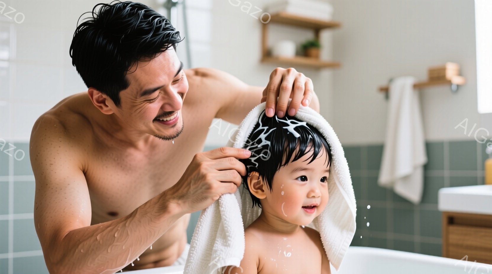笑顔の父親が浴槽で幼い子供の頭をタオルで拭いています。父親は上半身裸で、子供は泡まみれで可愛らしい表情をしています。背景には白い洗面台と棚があり、清潔感のあるバスルームの雰囲気です。