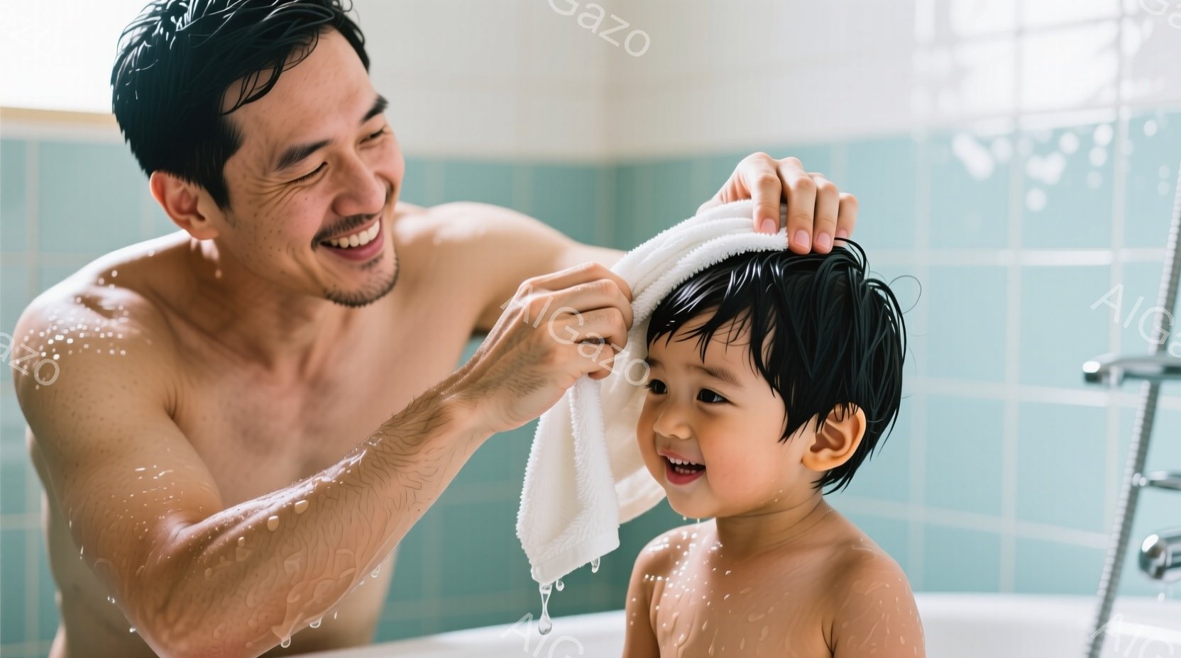 父親が息子にタオルで頭を拭いてあげています。お互いに笑顔で、温かい愛情に満ちた瞬間が捉えられています。背景は水色のタイル張りのバスルームで、清潔感があり、リラックスした雰囲気が漂っています。