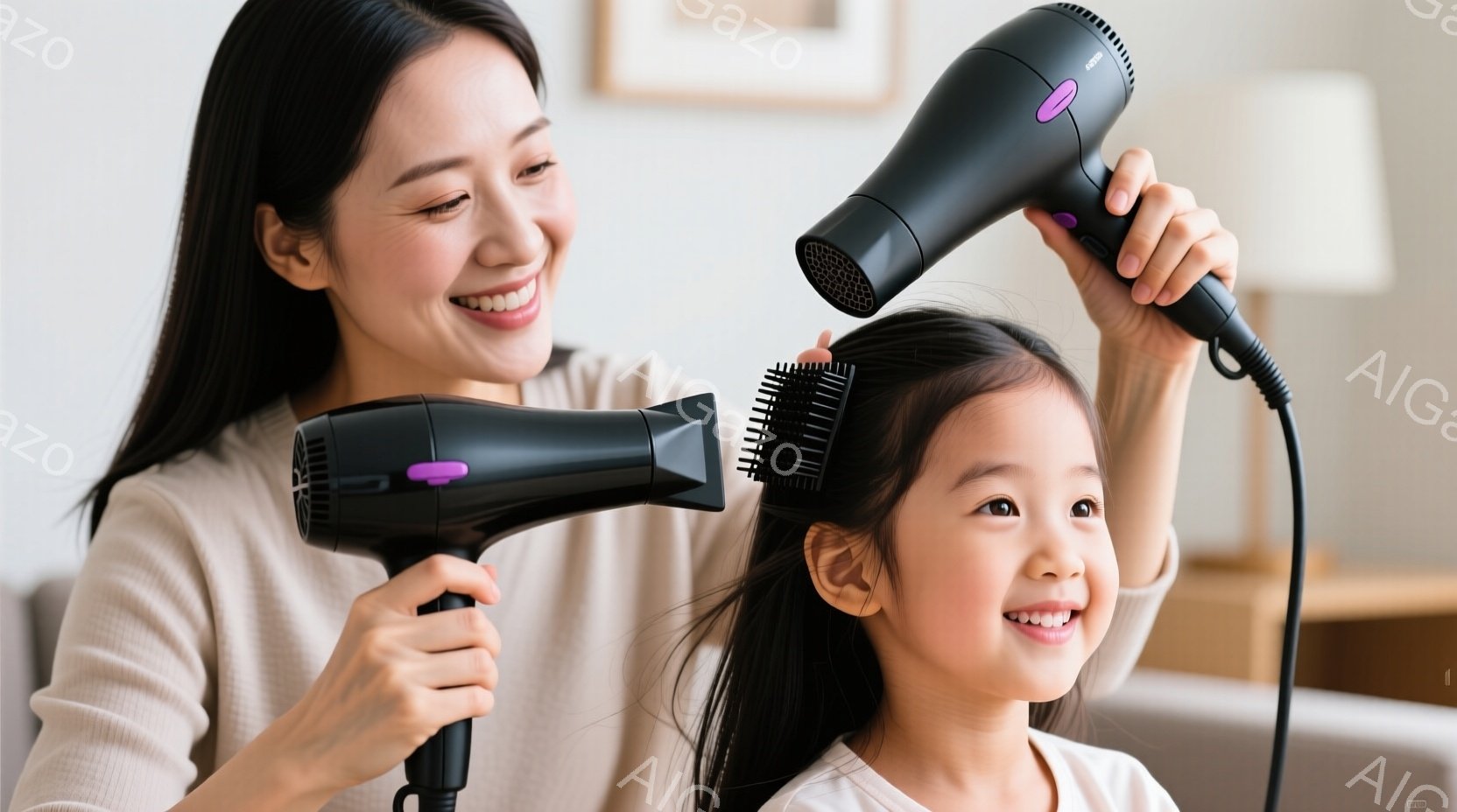 母親が娘の髪を乾かしている様子が写っています。母親はベージュのニットを着て微笑み、娘は黒い服を着て、髪をとかしながら楽しそうにしています。背景は明るい室内で、穏やかで温かい雰囲気が漂っています。 - AI生成フリー素材