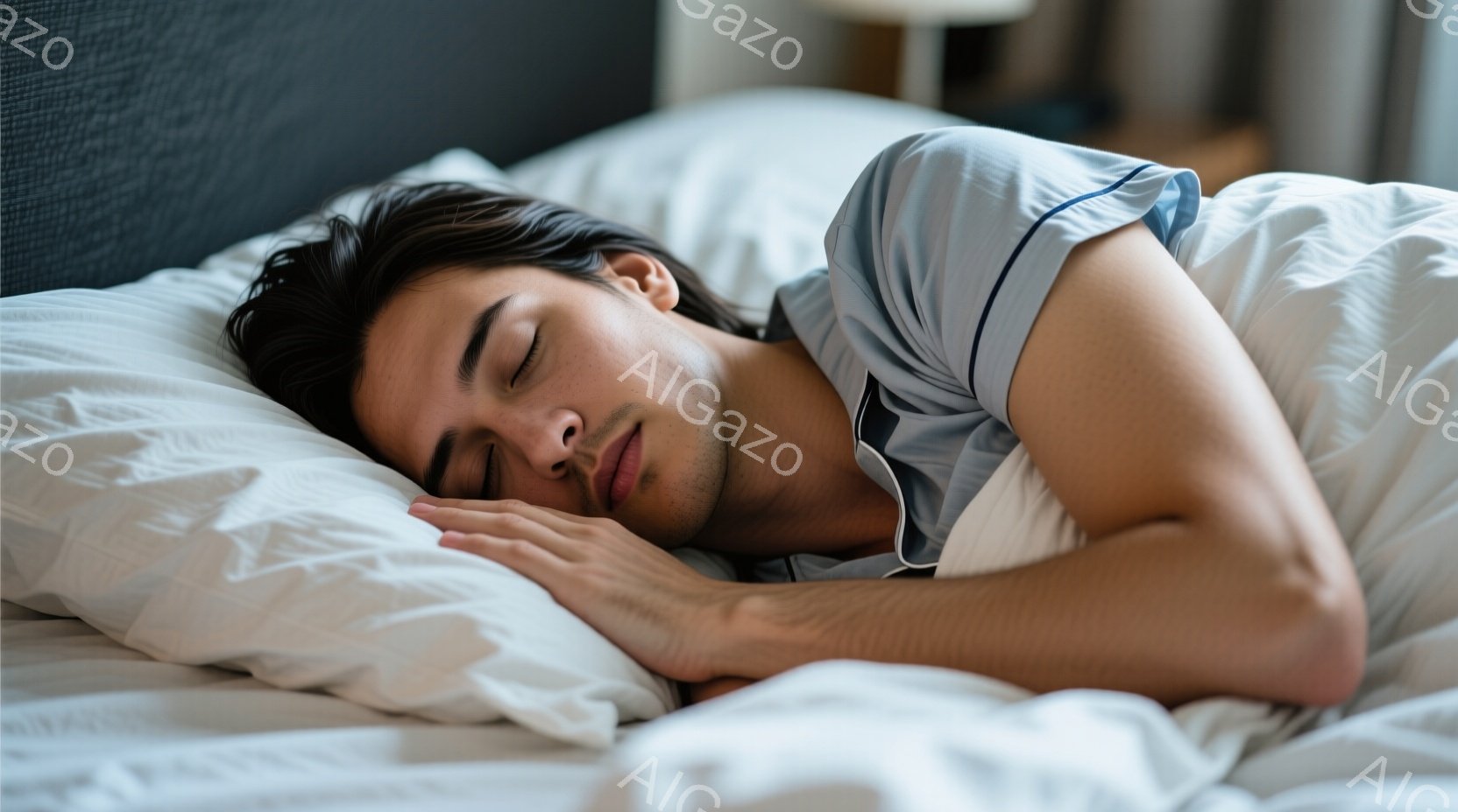 穏やかな表情で仰向けに寝ている男性が写っています。彼は薄いブルーの半袖シャツを着ており、短く整えられた黒髪が枕に広がっています。背景には白いベッドシーツと、ぼやけた室内の様子が見え、リラックスした安ら - AI生成フリー素材