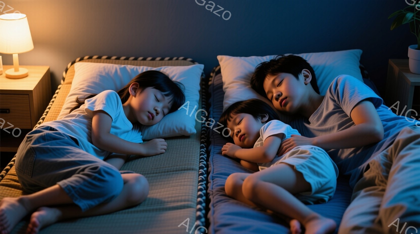 畳の上に敷かれたベッドで、二人の子供たちが眠っている様子が描かれています。一人は青いパジャマを着て横向きに寝ており、もう一人は白いTシャツと短パン姿で仰向けに寝て、穏やかな表情を浮かべています。背景には薄暗い照明と植物が見え、全体的に安らかで温かい雰囲気が漂っています。