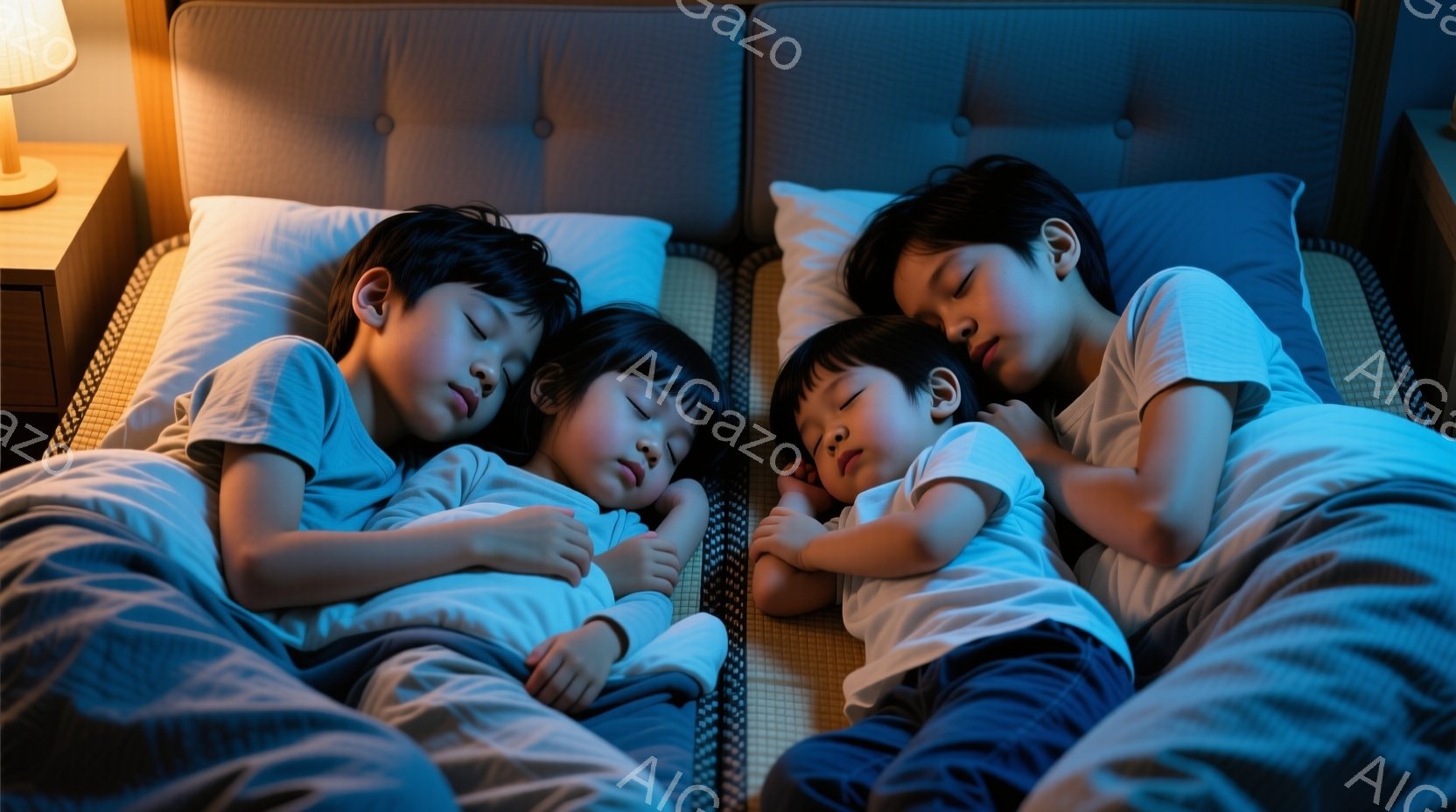 畳の上に敷かれた布団で、四人の子供たちが寄り添って眠っている様子が写っている。子供たちは皆白いTシャツを着ており、黒い髪が枕に触れている。室内は薄暗く、温かい雰囲気で、子供たちの安らかな寝顔が印象的である。