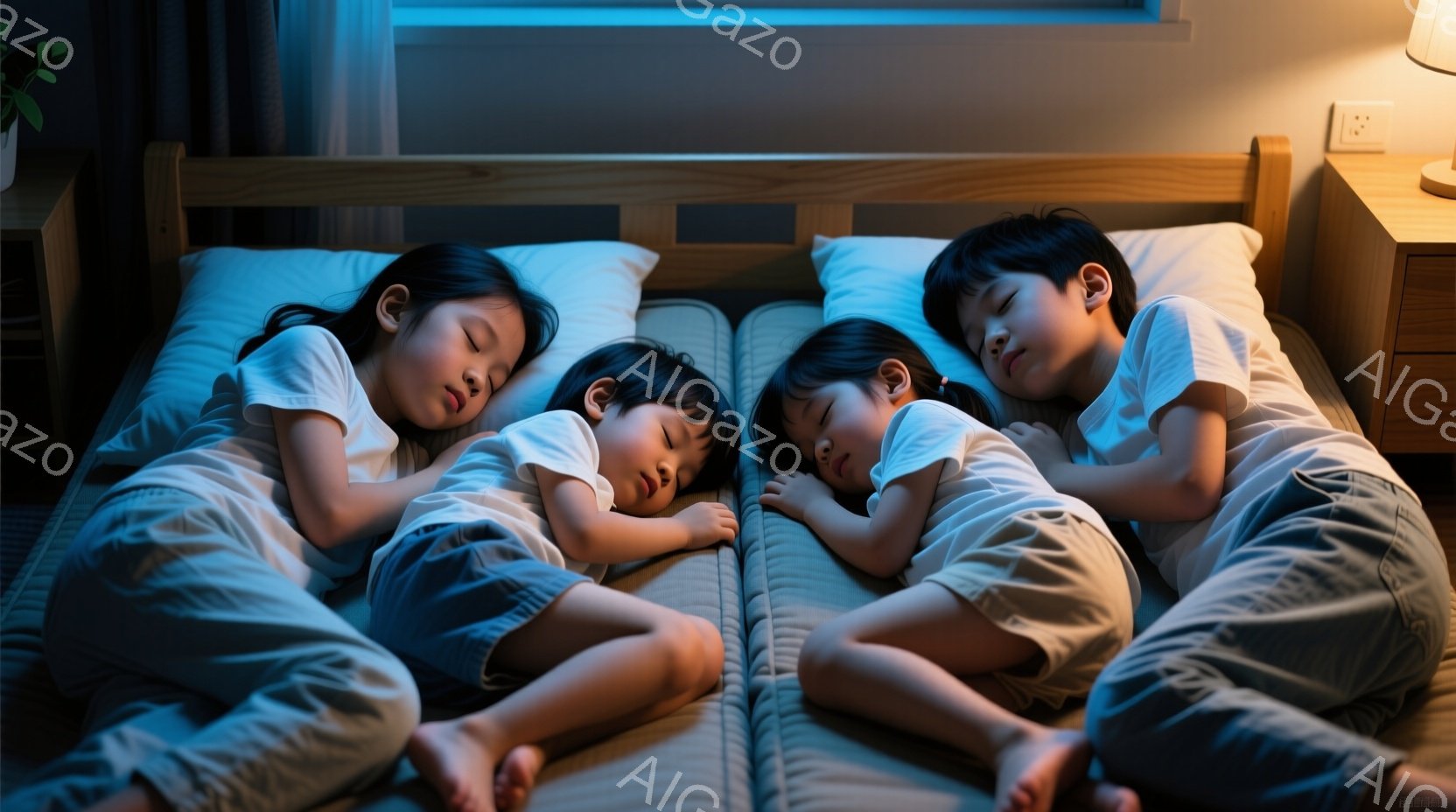 4人の子供たちが2つのベッドで眠っている様子が写っている。彼らは皆白いTシャツと短いズボンを着用し、髪は短く整えられている。寝室の背景には木製のベッドフレームと、わずかに見える植物があり、全体的に穏やかで静かな雰囲気が漂っている。