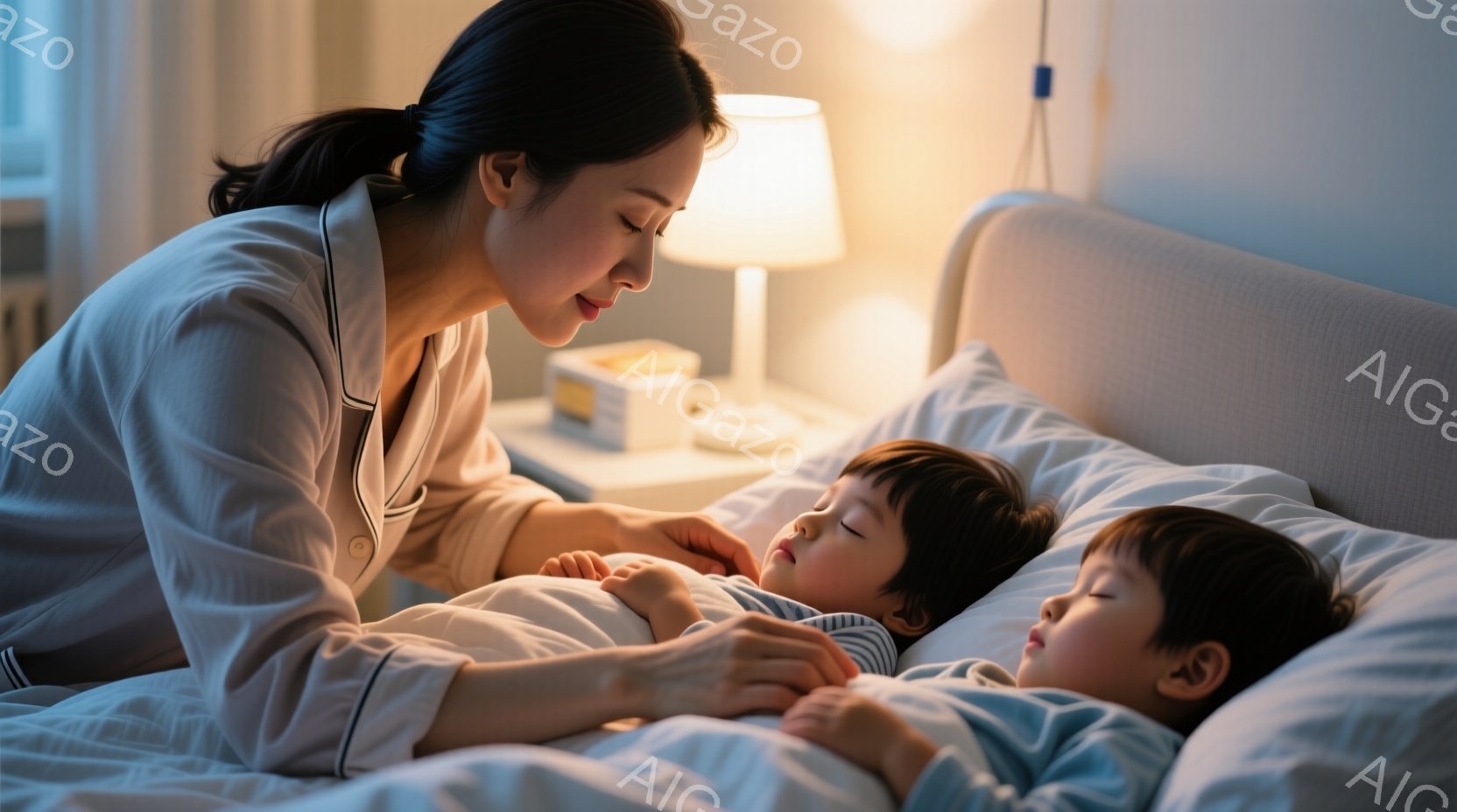 母親がベッドサイドに膝をつき、眠っている二人の幼い息子を見守っています。彼女はパステルピンクのパジャマを着ており、髪は後ろで一つにまとめられています。背景には、柔らかい光を放つテーブルランプと、白を基調としたシンプルな寝室が見え、温かく穏やかな雰囲気が漂っています。