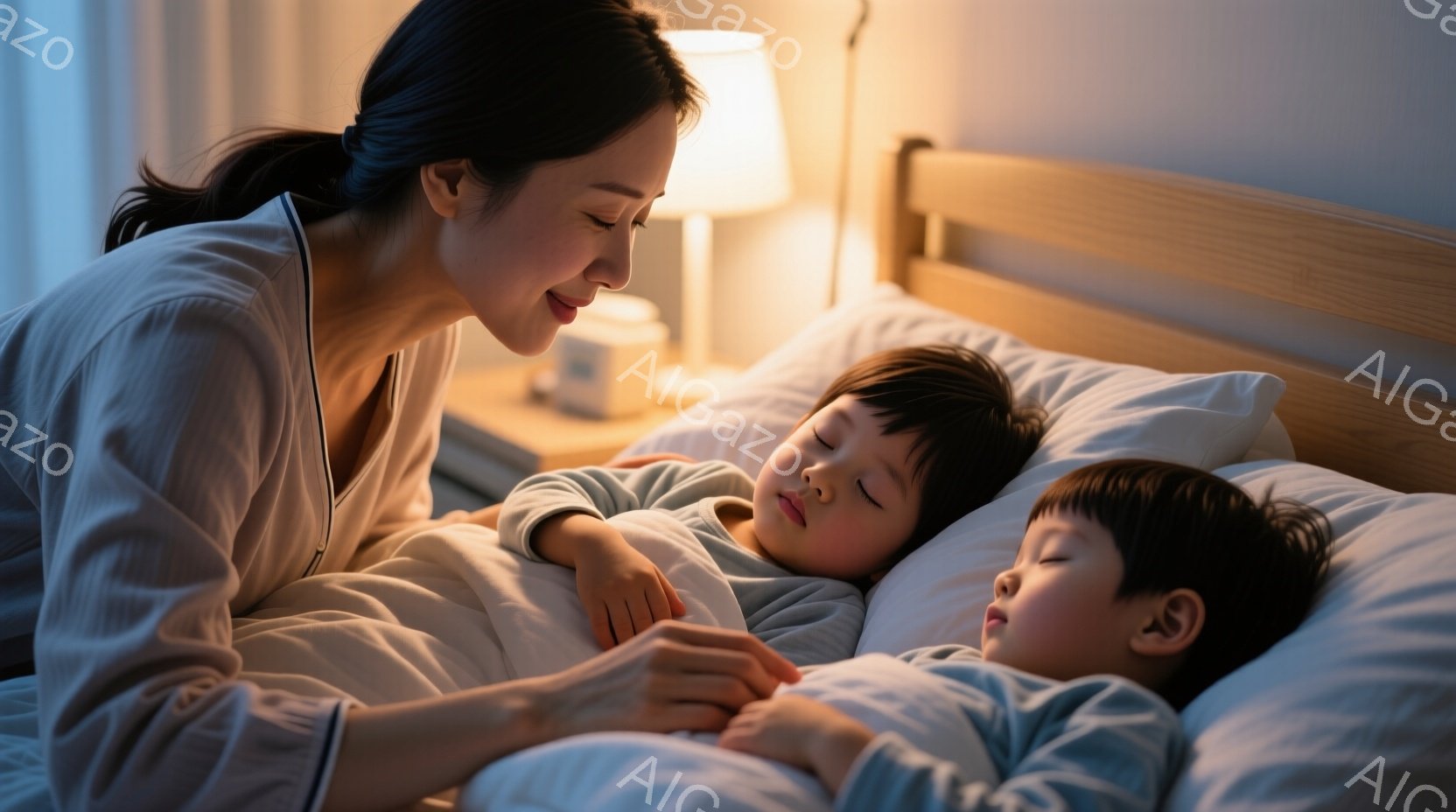 優しい光に包まれた寝室で、母親が眠っている二人の子供たちを見守っている。母親はパステルカラーのパジャマを着ており、長い髪は後ろで一つにまとめられている。子供たちは白いパジャマを着て眠っており、母親は愛 - AI生成フリー素材