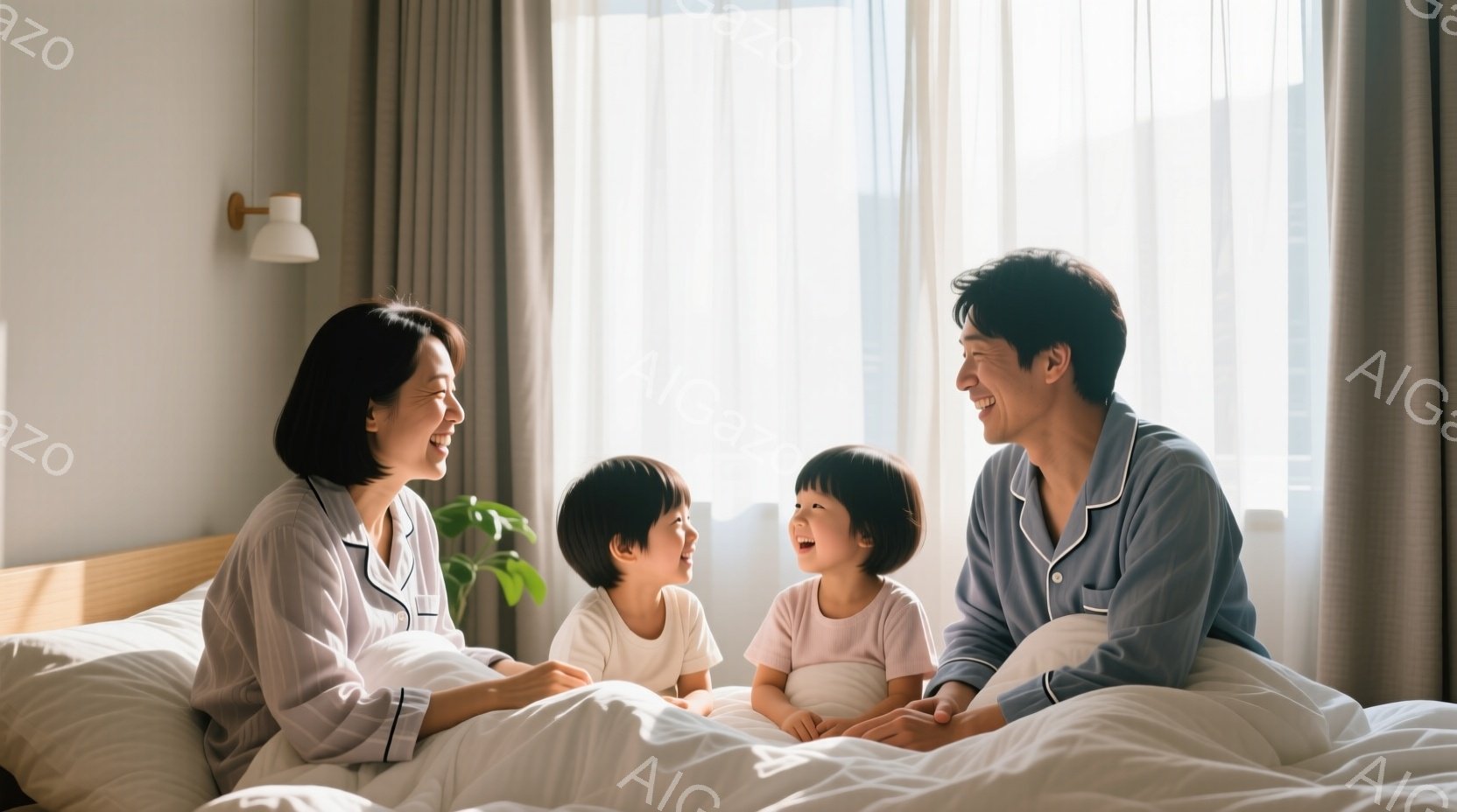 室内で、パジャマ姿の女性と男性、そして二人の幼い子供たちがベッドに座って楽しそうに会話しています。女性は長い髪で、子供たちは短い髪です。皆、笑顔で、明るく温かい雰囲気が漂っています。 - AI生成フリー素材
