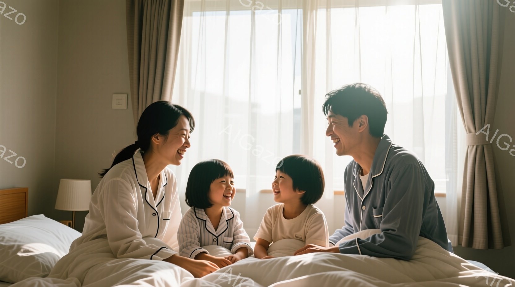 穏やかな光が差し込む寝室で、母親と父親、そして二人の幼い娘たちがベッドに座り、笑顔で互いを見つめ合っている。家族は皆パジャマ姿で、母親と娘たちはストレートヘア、父親は短髪である。背景には窓から差し込む - AI生成フリー素材