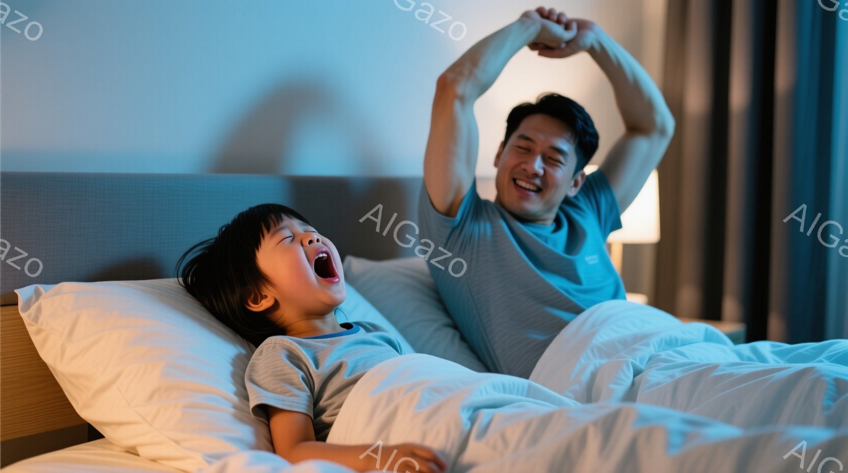 少年はベッドの上で驚いた表情で目を大きく見開いており、薄い水色のパジャマを着ています。父親はベッドの隣で両手を上げて伸びをしており、笑顔で少し後ろに仰向けになっています。背景は薄暗い寝室で、穏やかで親 - AI生成フリー素材