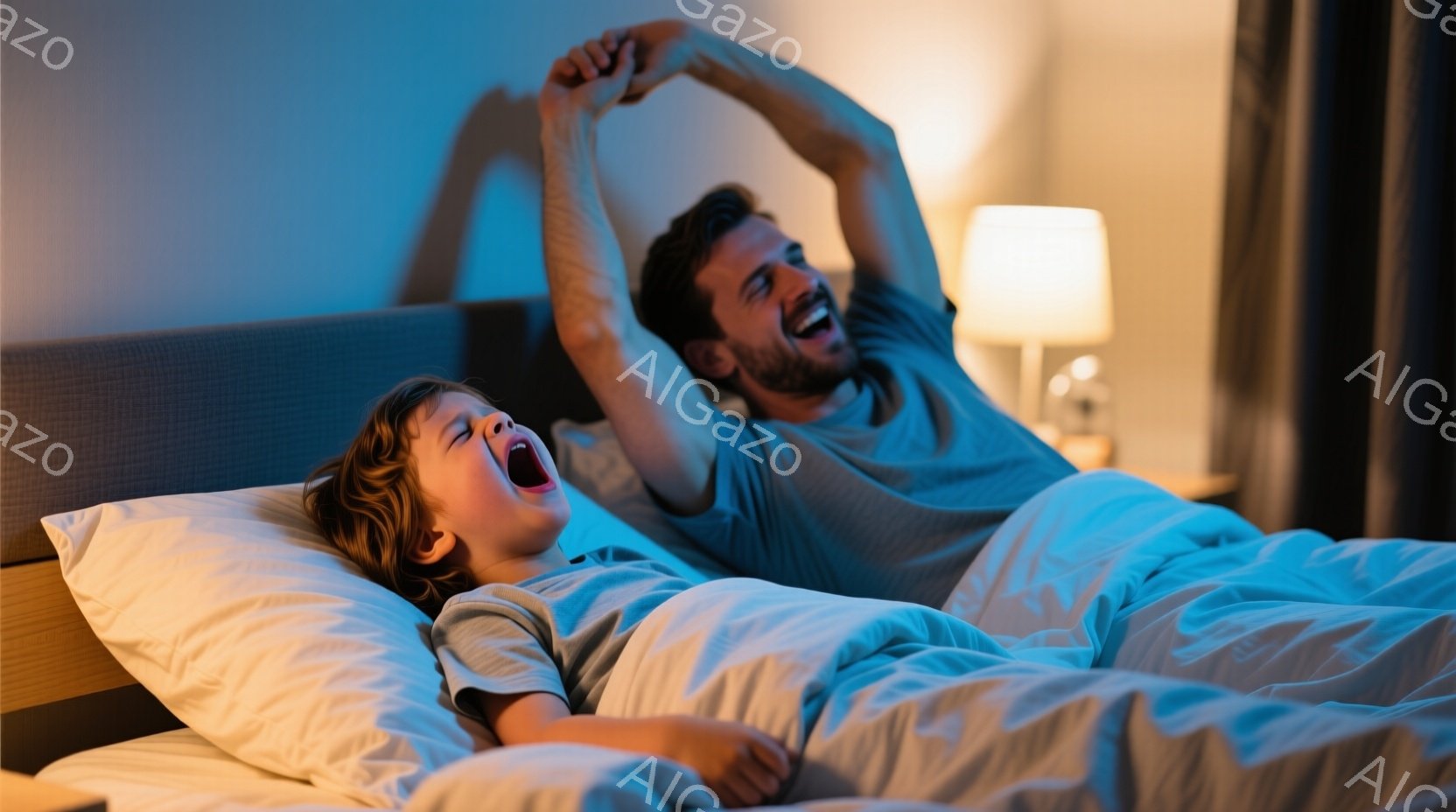 家族が夜間寝室で写真を撮影する際に、両親と子供が笑顔で手を上げ、準備しているような表情を持っています。その後、夜間の光景であり、家族のスピリチュアルな時間を楽しんでいるように伺えます。