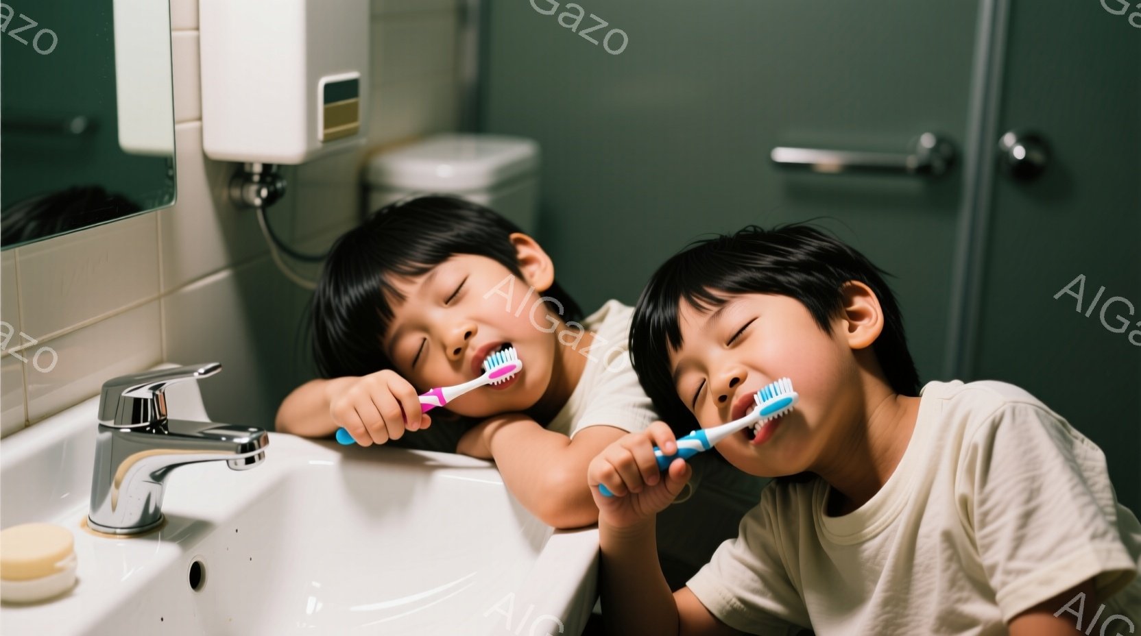 2人の子供がバスルームで歯を磨いています。彼らは白いTシャツを着ており、髪は短くカットされています。顔は集中して歯磨きをしており、背景には白い洗面台と蛇口、トイレ、壁に設置されたキャビネットが見えます。