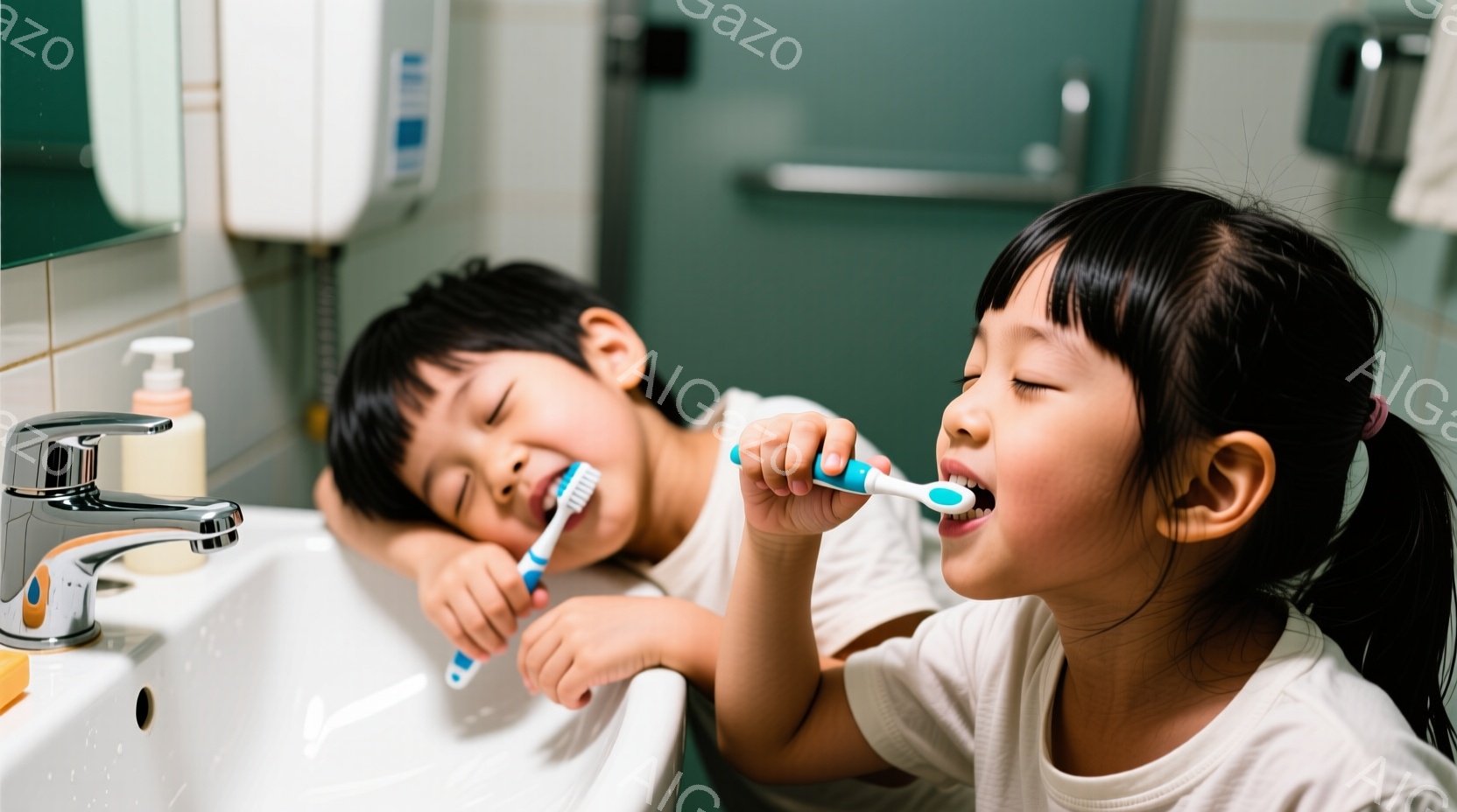 2人の子供が洗面台の前で歯を磨いています。少年は短い黒髪で白いTシャツを着ており、口を開けて歯ブラシを当てています。少女はポニーテールで同じく白いTシャツを着ており、少し目をつぶって歯を磨いています。