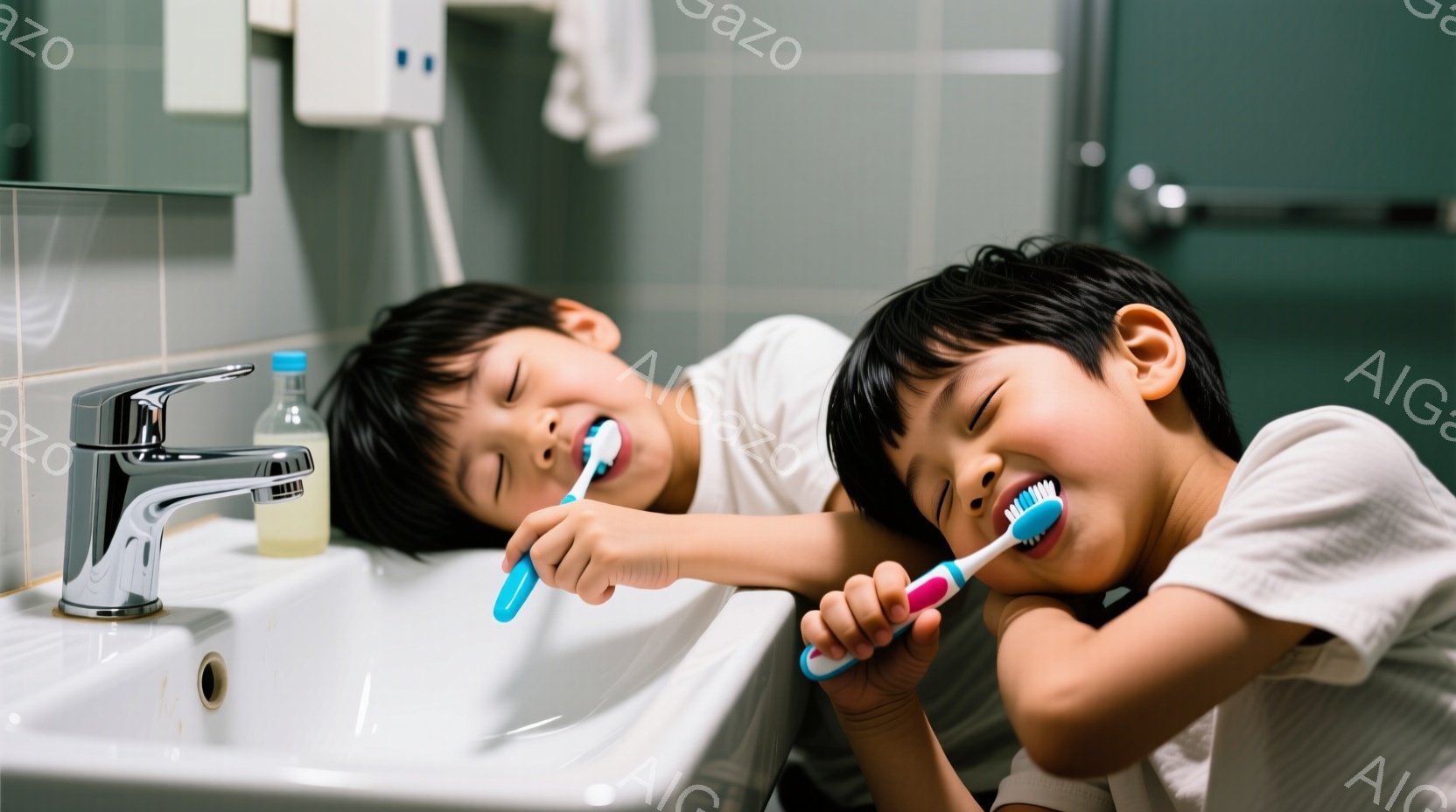 二人の少年が洗面台の前で歯を磨いています。白いTシャツを着ており、黒い短い髪をしています。彼らは顔を洗面台に近づけ、歯ブラシを口に入れています。