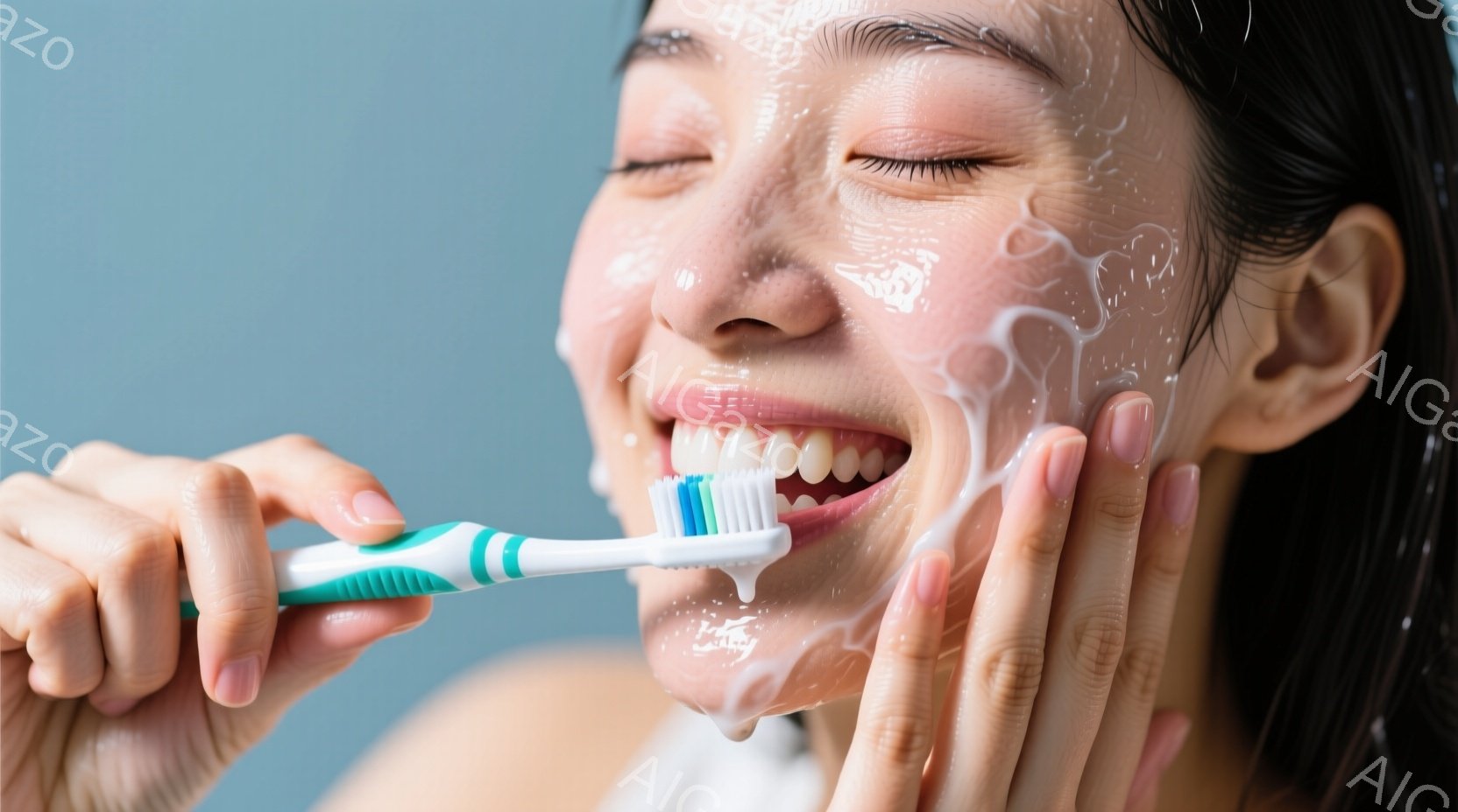 歯磨きをしている女性のクローズアップ写真です。彼女は目を閉じ、笑顔で歯ブラシを口に当てています。髪は濡れており、顔と顎には泡が広がっていて、清潔感のある爽やかな雰囲気を醸し出しています。