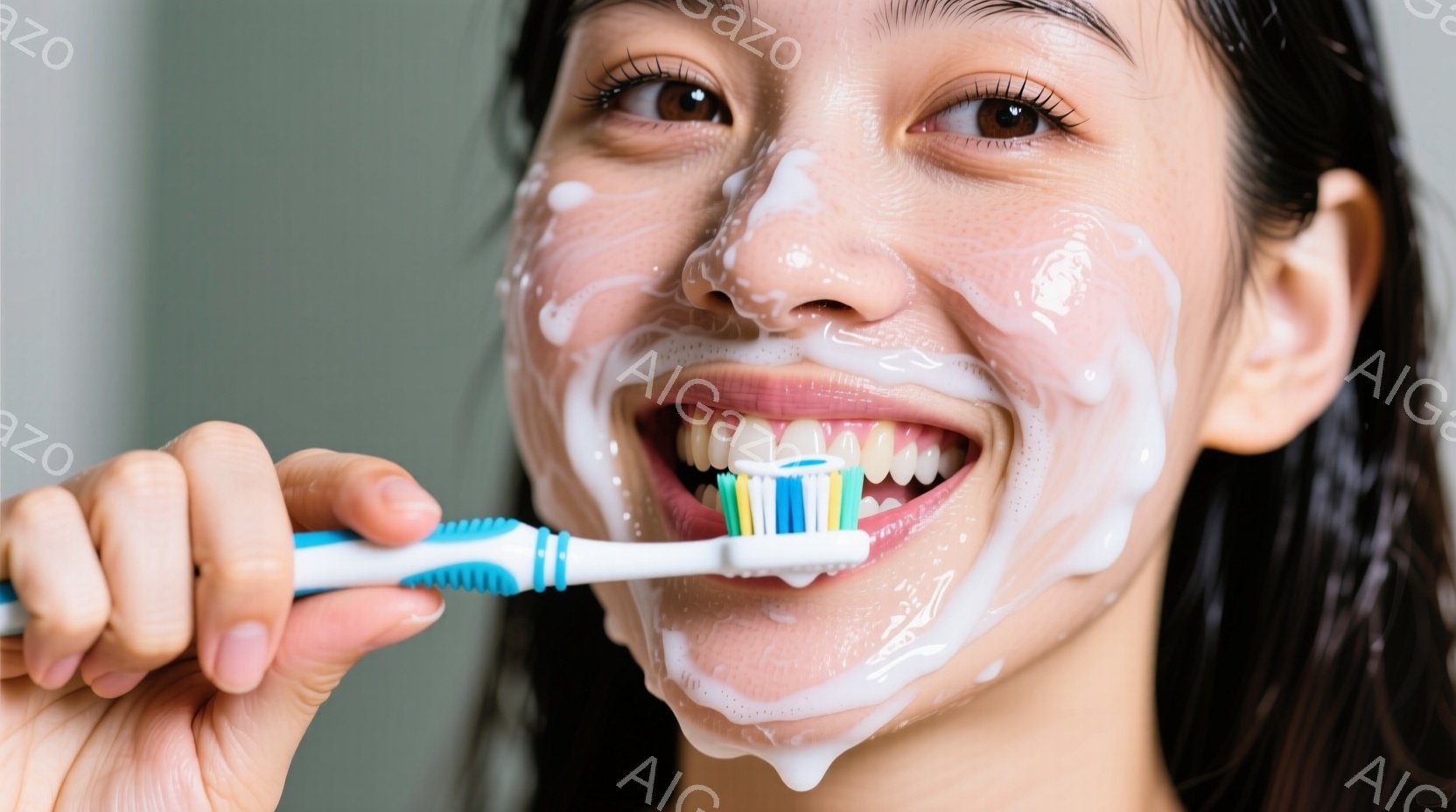 長い黒髪の女性が、歯磨きをしています。顔には泡がたっぷりと付いており、満面の笑みを浮かべており、歯ブラシは口の中にあります。背景はぼやけており、明るい室内である様子が伺えます。