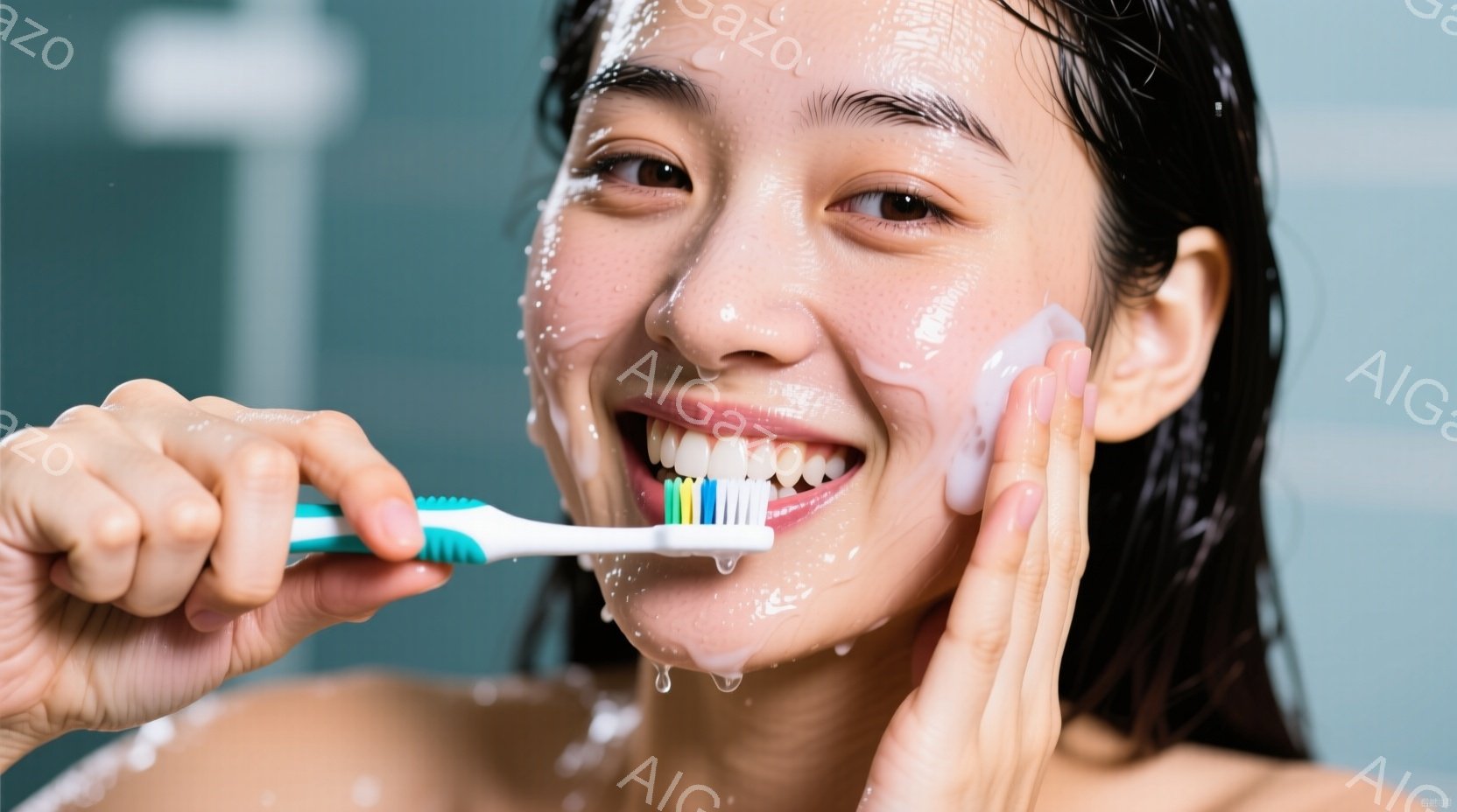 濡れた髪と白い泡で覆われた顔を持つ若い女性が、歯ブラシで歯を磨いている様子が写っています。彼女は満面の笑みを浮かべ、片手で頬を支え、清潔感と健康的なライフスタイルを表現しています。背景はぼやけていますが、おそらくバスルームのような場所で、明るく清潔な雰囲気が漂っています。