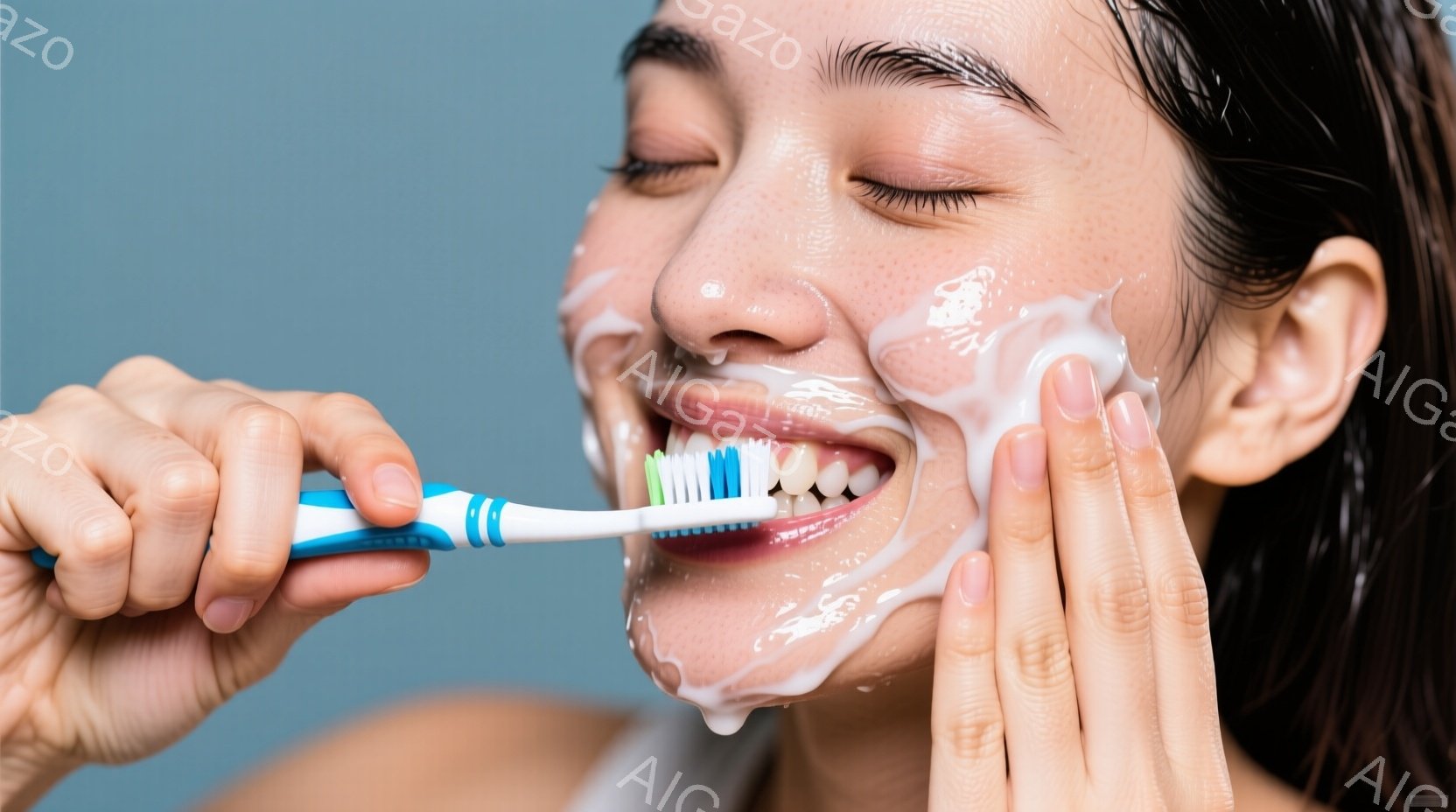 泡で覆われた女性が歯磨きをしている写真です。彼女は髪を後ろにまとめ、白いトップスを着ています。背景は淡い青色で、全体的に清潔感があり、リフレッシュした雰囲気が漂っています。