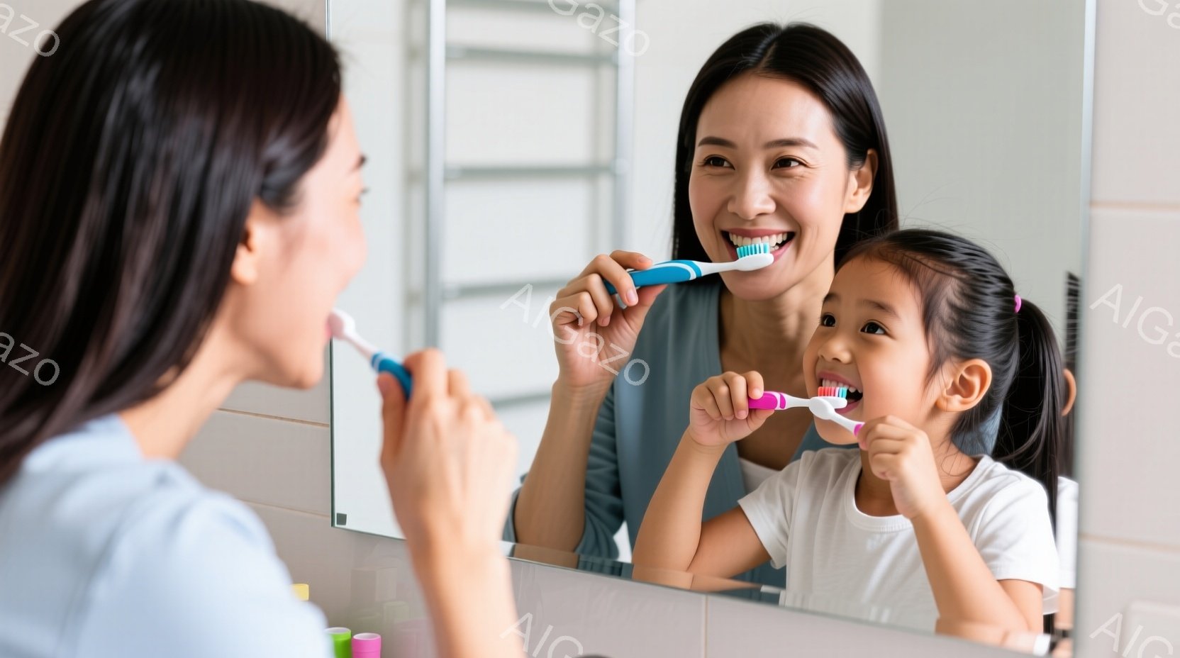 鏡の前で母親と娘が歯磨きをしている様子が写っています。母親はダークブラウンの髪を後ろでまとめ、白いトップスを着ています。娘はポニーテールにしており、白いTシャツを着て、母親の隣で笑顔で歯を磨いています - AI生成フリー素材